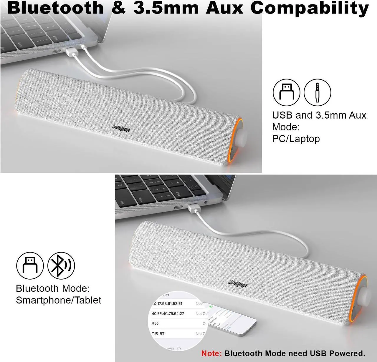 Alt view image 4 of 5 - SOULION R50 Bluetooth Computer Speakers for Desktop PC Monitor White,Wired USB Powered 3.5mm Aux PC Speakers Sound Bar,4 Modes LED Lights with Switch Button,Surround Sound Soundbar for Computer