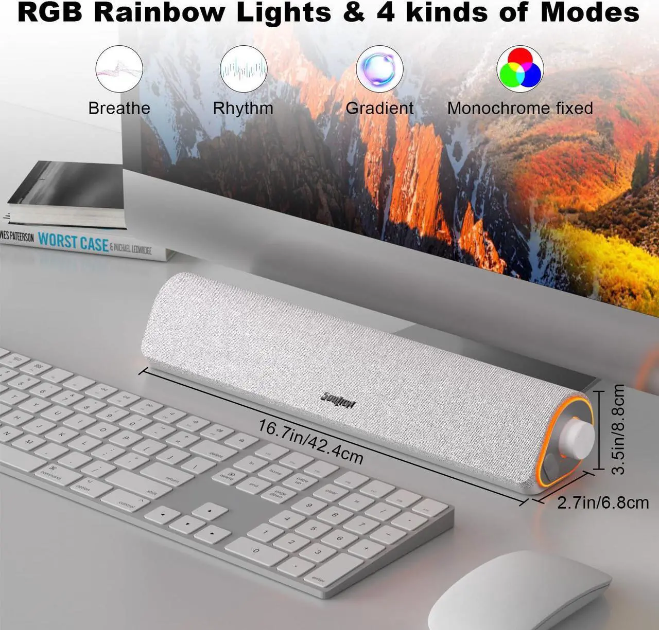 Alt view image 5 of 5 - SOULION R50 Bluetooth Computer Speakers for Desktop PC Monitor White,Wired USB Powered 3.5mm Aux PC Speakers Sound Bar,4 Modes LED Lights with Switch Button,Surround Sound Soundbar for Computer