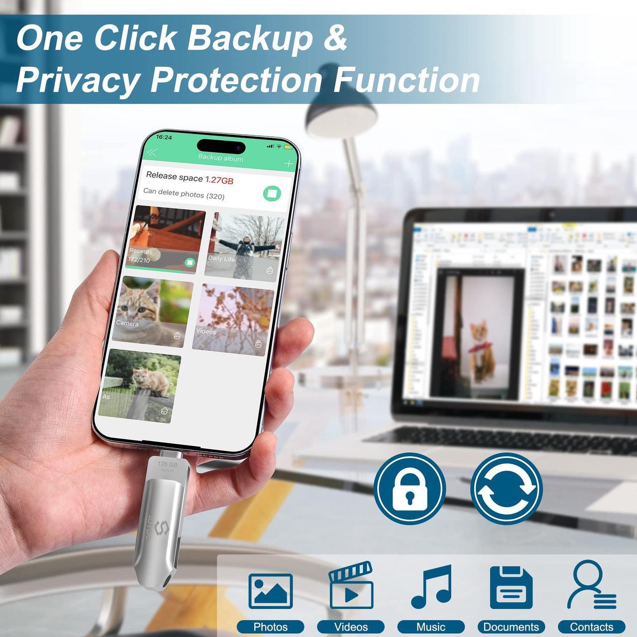 Alt view image 3 of 5 - JSL JDTDC MFi Certified 128GB iPhone-15-Photo-Stick USBC and Lightning Flash Drive for iPhone 15/14/13/12 Thumb-Drive-for-iPad-Memory External-Storage-Android-Photo-Backup iPhone-Photo-Tansfer-Stick