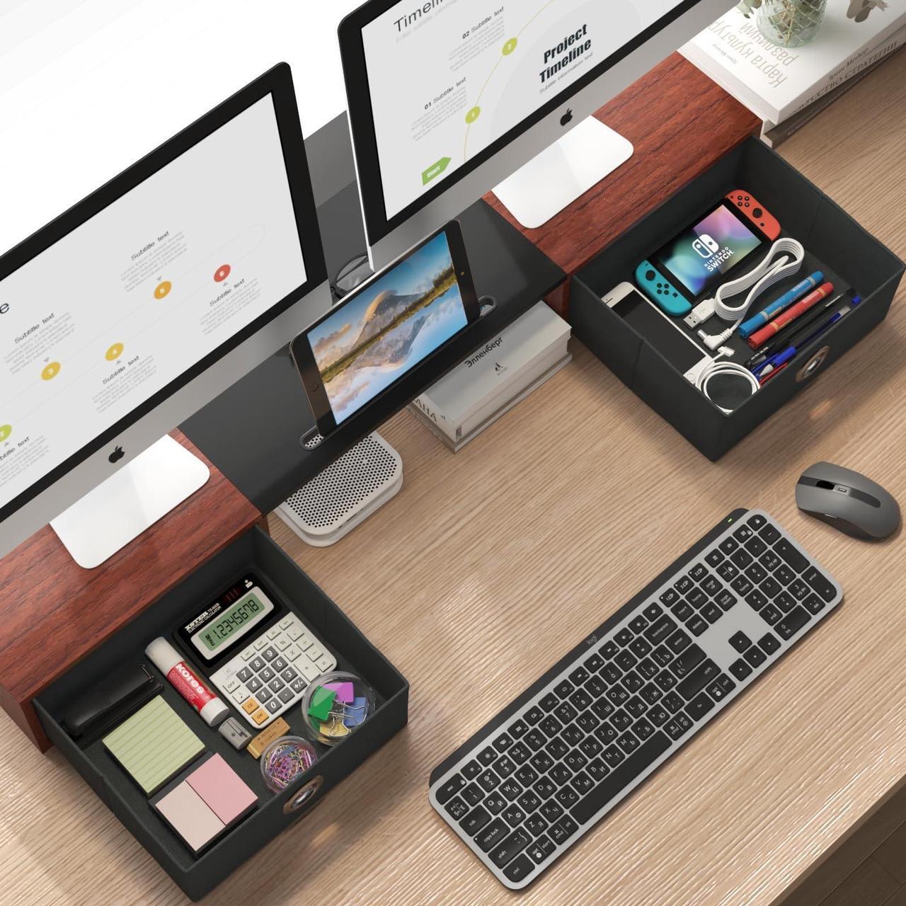 Alt view image 2 of 5 - WESTREE Dual Monitor Stand Riser with Two Drawers, Extra Large Storage Monitor Stand for 2 Monitors, Desktop Oraganizer Stand for Computer,Laptop,Screen,Printer,TV