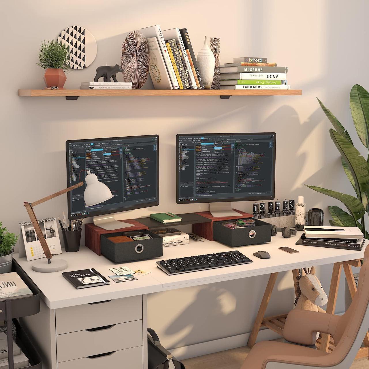 Alt view image 3 of 5 - WESTREE Dual Monitor Stand Riser with Two Drawers, Extra Large Storage Monitor Stand for 2 Monitors, Desktop Oraganizer Stand for Computer,Laptop,Screen,Printer,TV