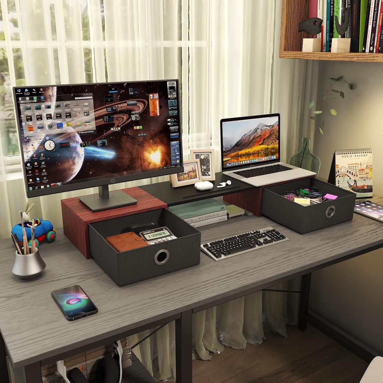 Alt view image 4 of 5 - WESTREE Dual Monitor Stand Riser with Two Drawers, Extra Large Storage Monitor Stand for 2 Monitors, Desktop Oraganizer Stand for Computer,Laptop,Screen,Printer,TV