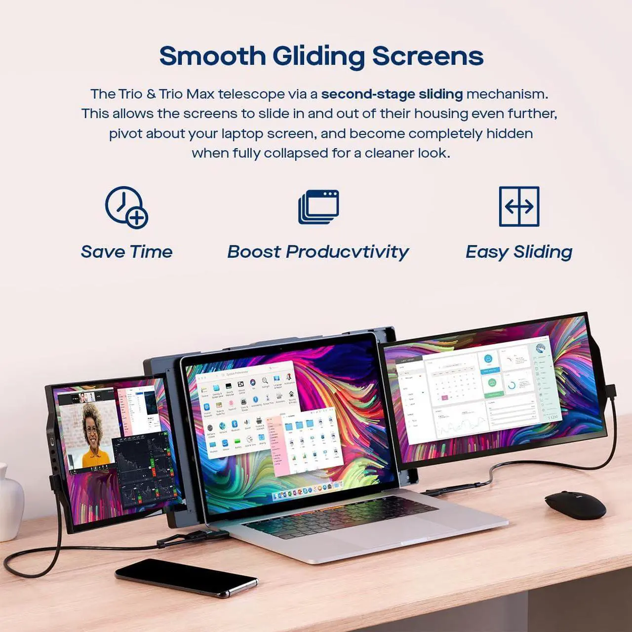 Alt view image 3 of 5 - Trio 13.3" Mobile Pixels Portable Laptop Monitor(2025 Version), FHD IPS Triple Monitor with Built-in Kickstand, Type-C/USB A Laptop Screen Extender(Optional Magnets), Windows/Android/macOS/Switch