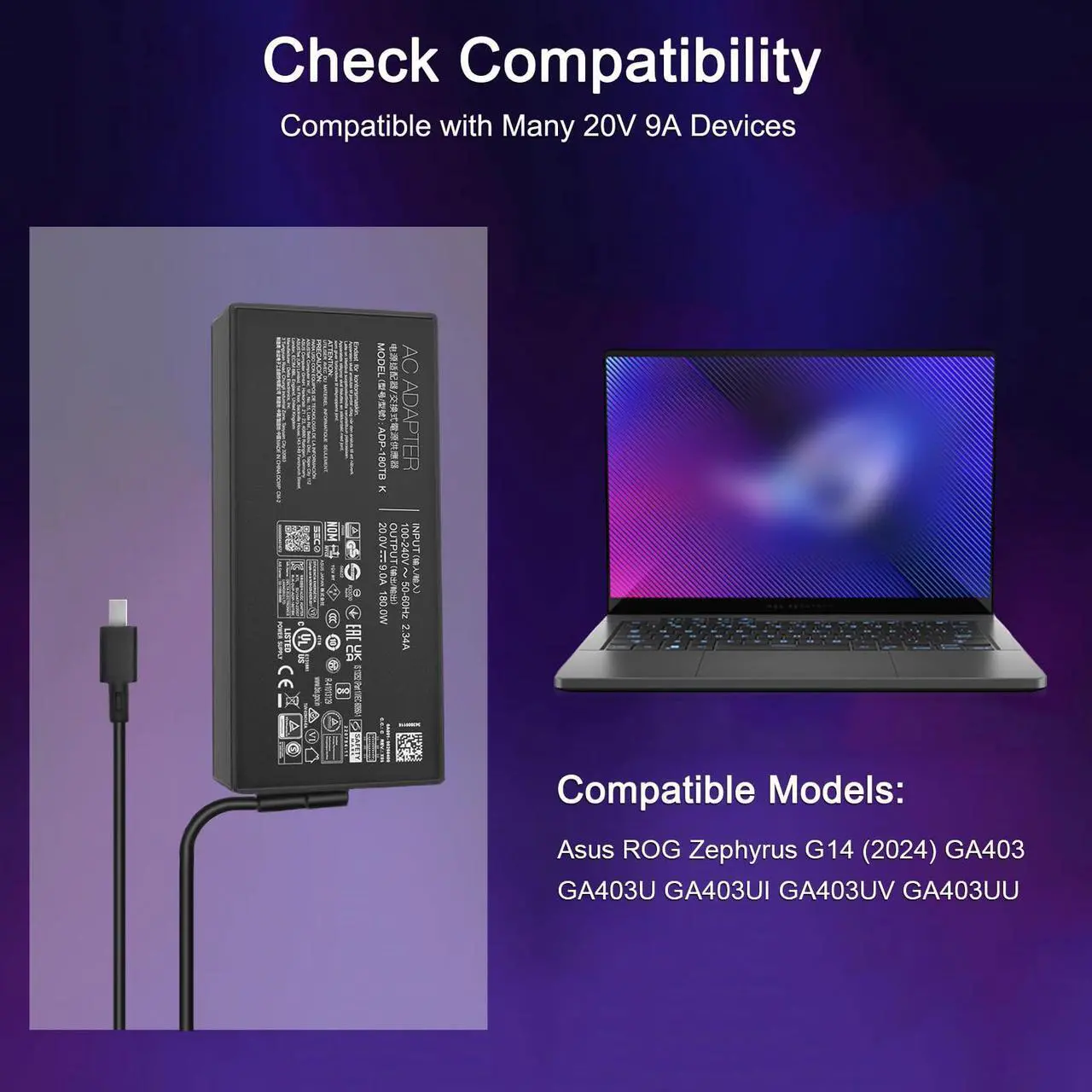 Alt view image 3 of 5 - 180W 20V 9A Charger ADP-180TB K for Asus ROG Zephyrus G14 2024 GA403 GA403U GA403UI GA403UV GA403UU Laptop ga403uu-bs71 ga403uv-g14.r94060 ga403ui-xs96 ga403ui-ds92 Power Cord