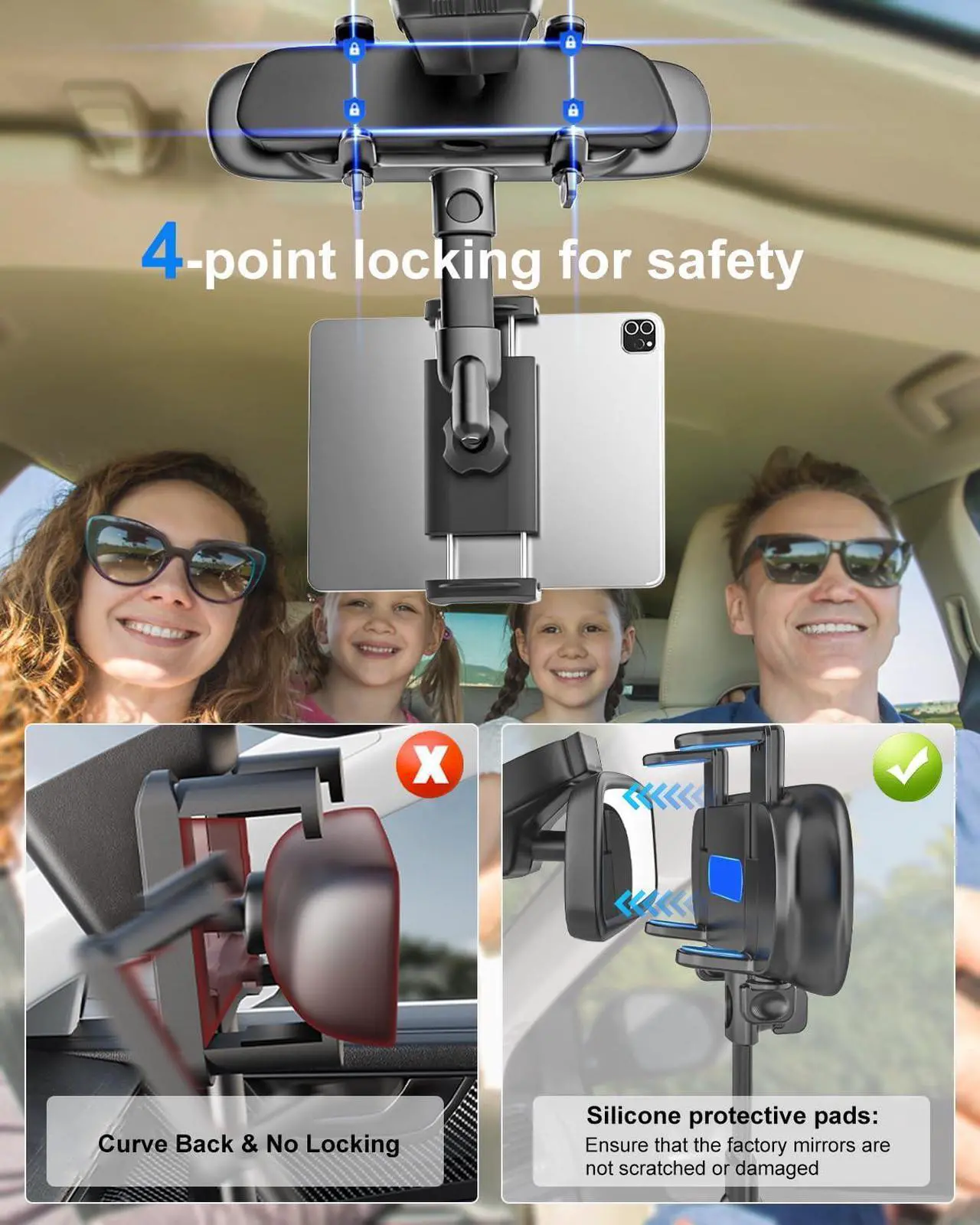 Alt view image 2 of 5 - Kolasels Rear View Mirror Tablet Holder for Car with Extra 11.6'' HD Rear Mirror, Metal Telescopic Arm Rearview Mirror Car Tablet Mount, Rear View Mirror Phone Holder for 4-13" ipad Mini Air, iPhone