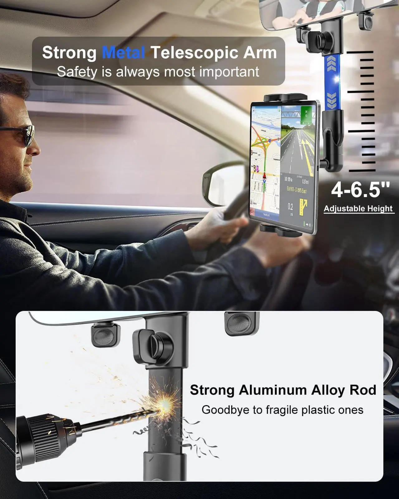 Alt view image 3 of 5 - Kolasels Rear View Mirror Tablet Holder for Car with Extra 11.6'' HD Rear Mirror, Metal Telescopic Arm Rearview Mirror Car Tablet Mount, Rear View Mirror Phone Holder for 4-13" ipad Mini Air, iPhone