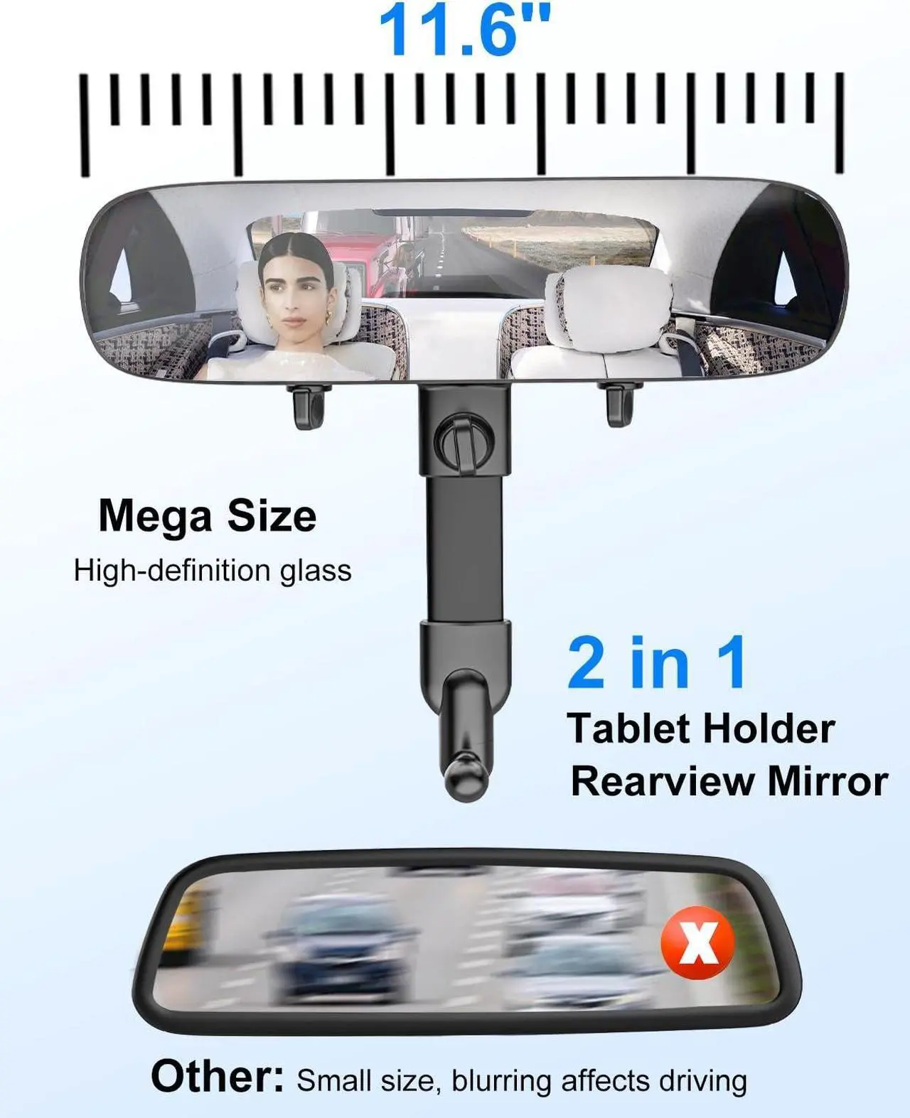Alt view image 5 of 5 - Kolasels Rear View Mirror Tablet Holder for Car with Extra 11.6'' HD Rear Mirror, Metal Telescopic Arm Rearview Mirror Car Tablet Mount, Rear View Mirror Phone Holder for 4-13" ipad Mini Air, iPhone