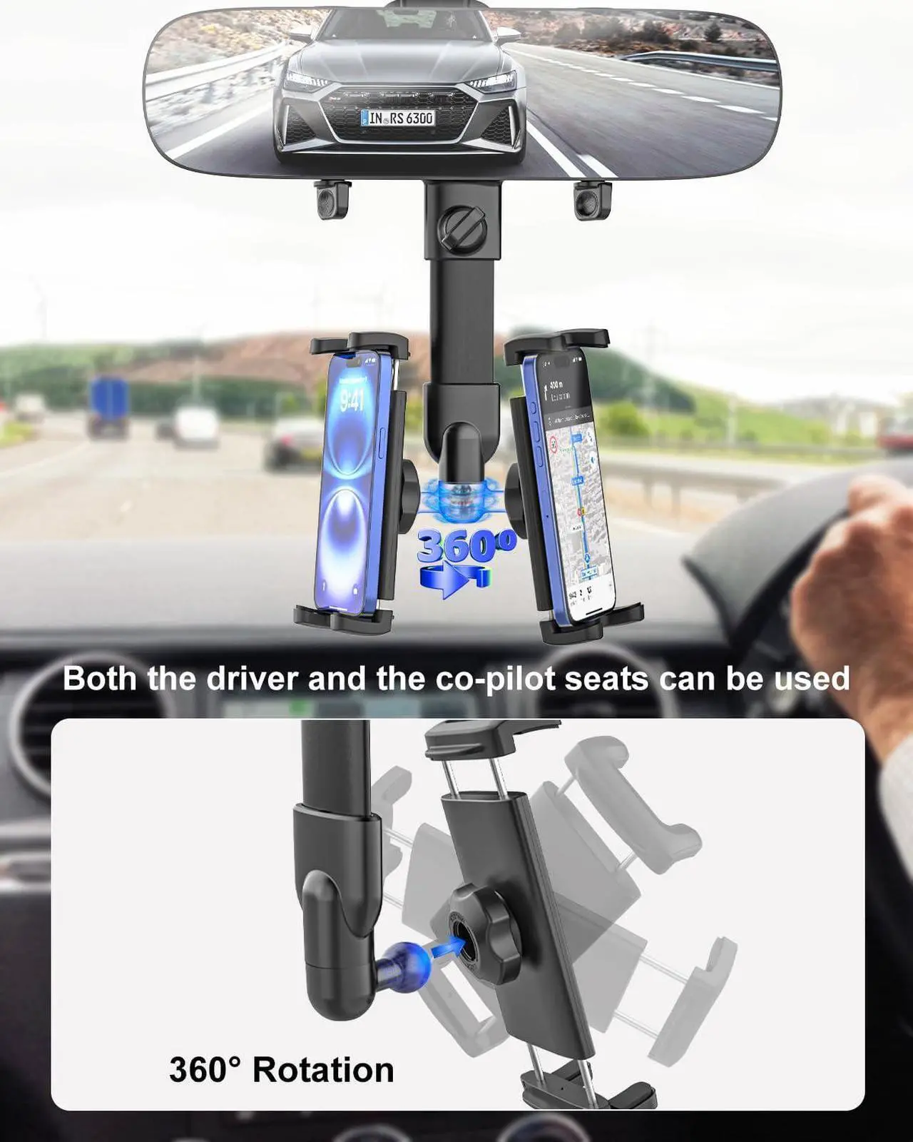 Alt view image 4 of 5 - Kolasels Rear View Mirror Tablet Holder for Car with Extra 11.6'' HD Rear Mirror, Metal Telescopic Arm Rearview Mirror Car Tablet Mount, Rear View Mirror Phone Holder for 4-13" ipad Mini Air, iPhone