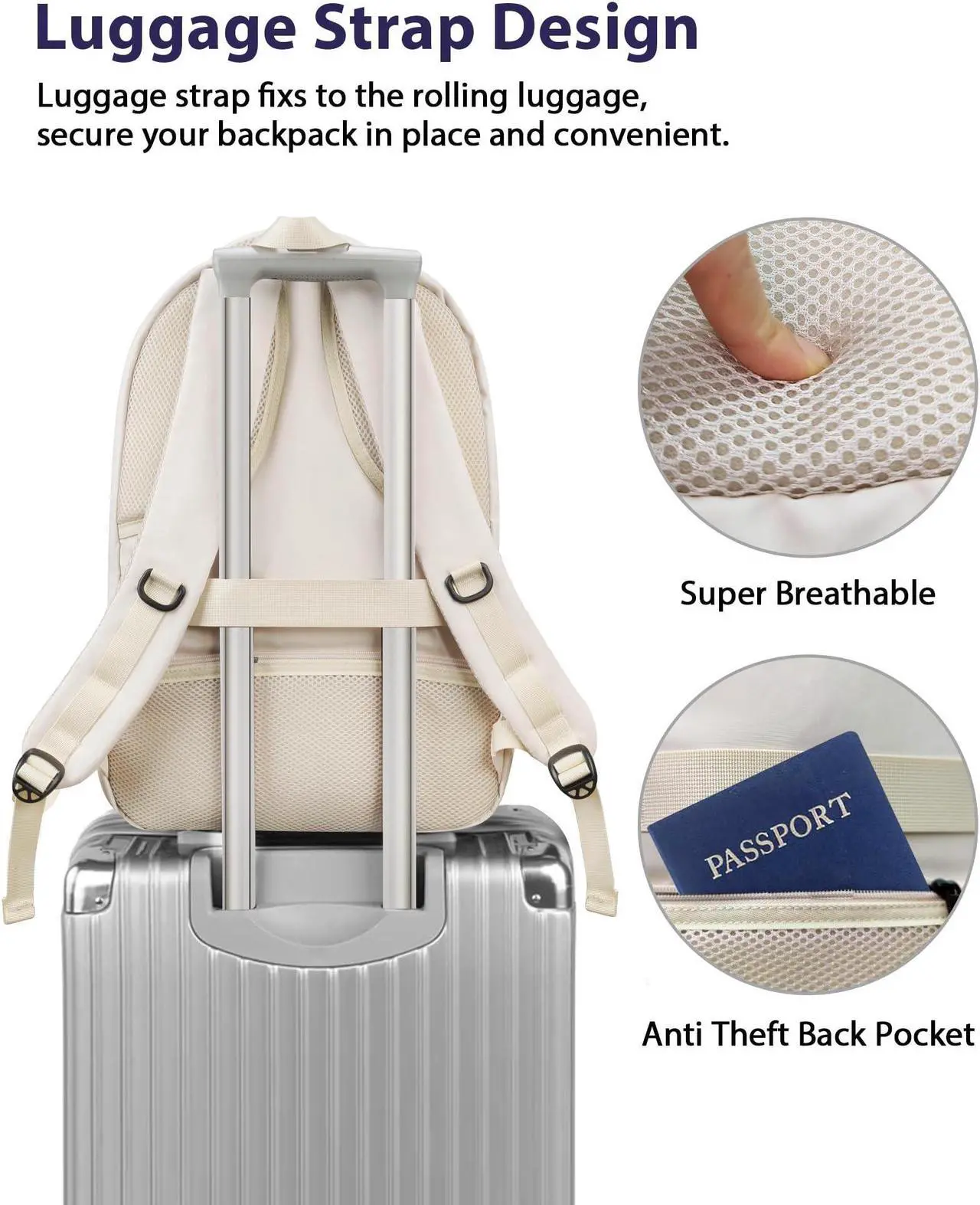 Alt view image 3 of 5 - MATEIN 17 inch Laptop Backpack for Women, Big Travel Backpack Airline Approved with Luggage Strap, Heavy Duty Work Bag with USB Charging Port, Water Resistant Bag for College, Beige