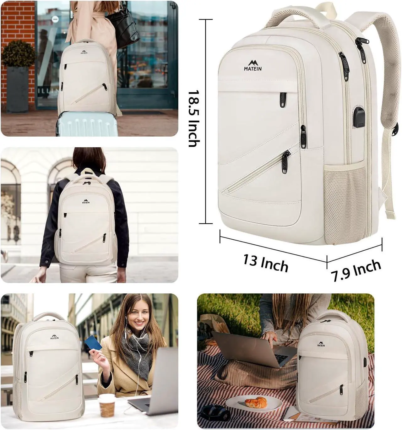 Alt view image 5 of 5 - MATEIN 17 inch Laptop Backpack for Women, Big Travel Backpack Airline Approved with Luggage Strap, Heavy Duty Work Bag with USB Charging Port, Water Resistant Bag for College, Beige
