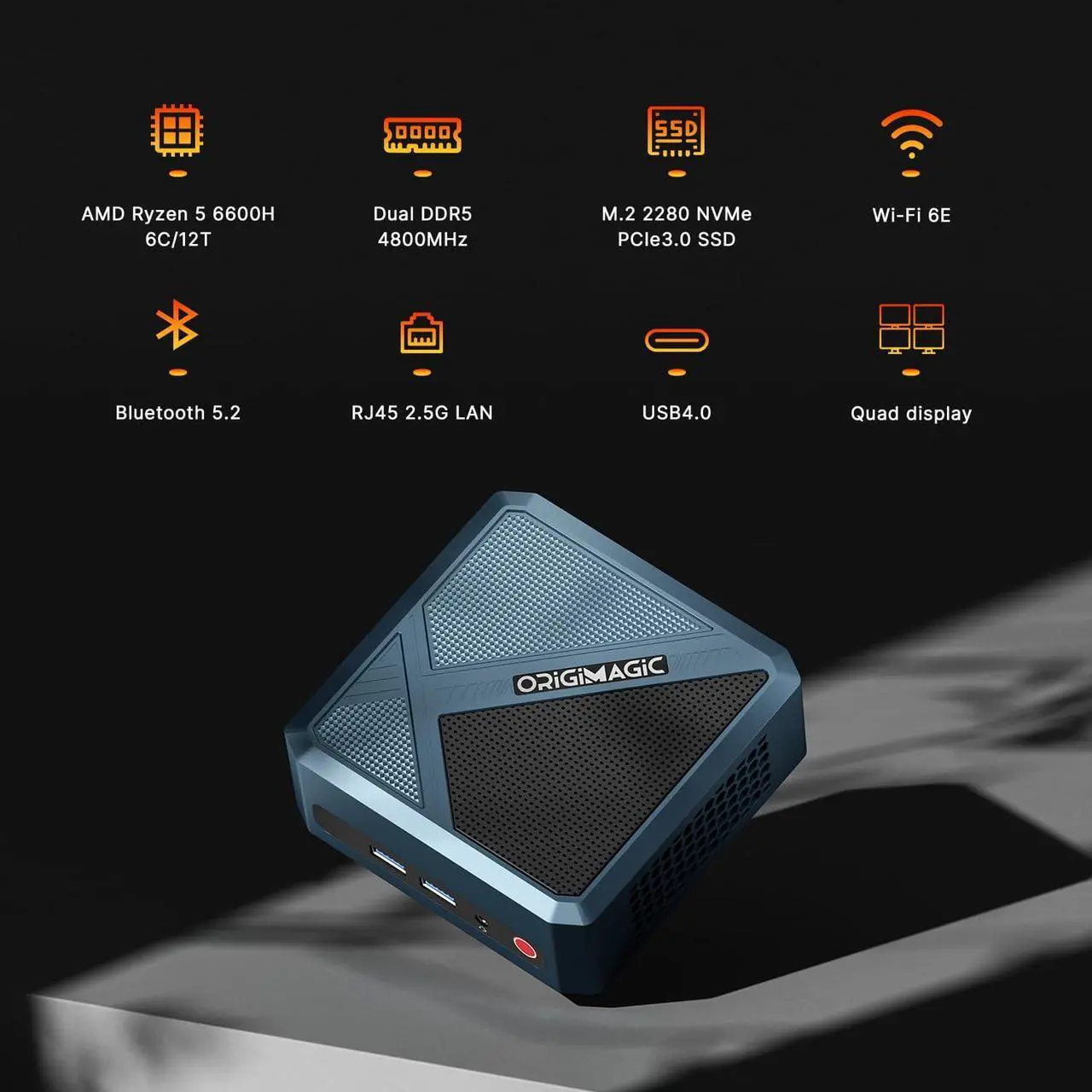 Alt view image 2 of 4 - origimagic N2 Gaming Mini PC, AMD Ryzen 5 6600H (up to 4.5GHz), 32GB DDR5 512GB PCIe SSD Mini Computers, Support 2xHDMI, 2xUSB4, BT 5.2/WiFi 6E, 2.5G LAN Mini Desktop PC