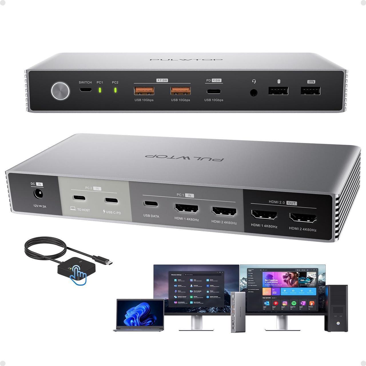 Main image of PULWTOP KVM Switch Docking Station for Laptop & Desktop, 4K EDID KVM Switches Dock Dual Monitor with 2 HDMI, USB A/C 3.2 10Gbps, 15W Charging, Audio, USB C Swtich Docking for Sharing Keyboard Mouse