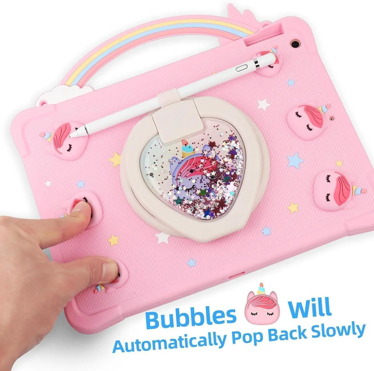 Alt view image 4 of 5 - [Super Cute Rainbow Handle Unicorn Case] Compatible with Samsung Galaxy Tab A9 8.7" 2023 Tablet (SM-X110/X115/X117) Pop it Case Cover for Kids Girls with Hand Strap and 360deg Rotating Stand