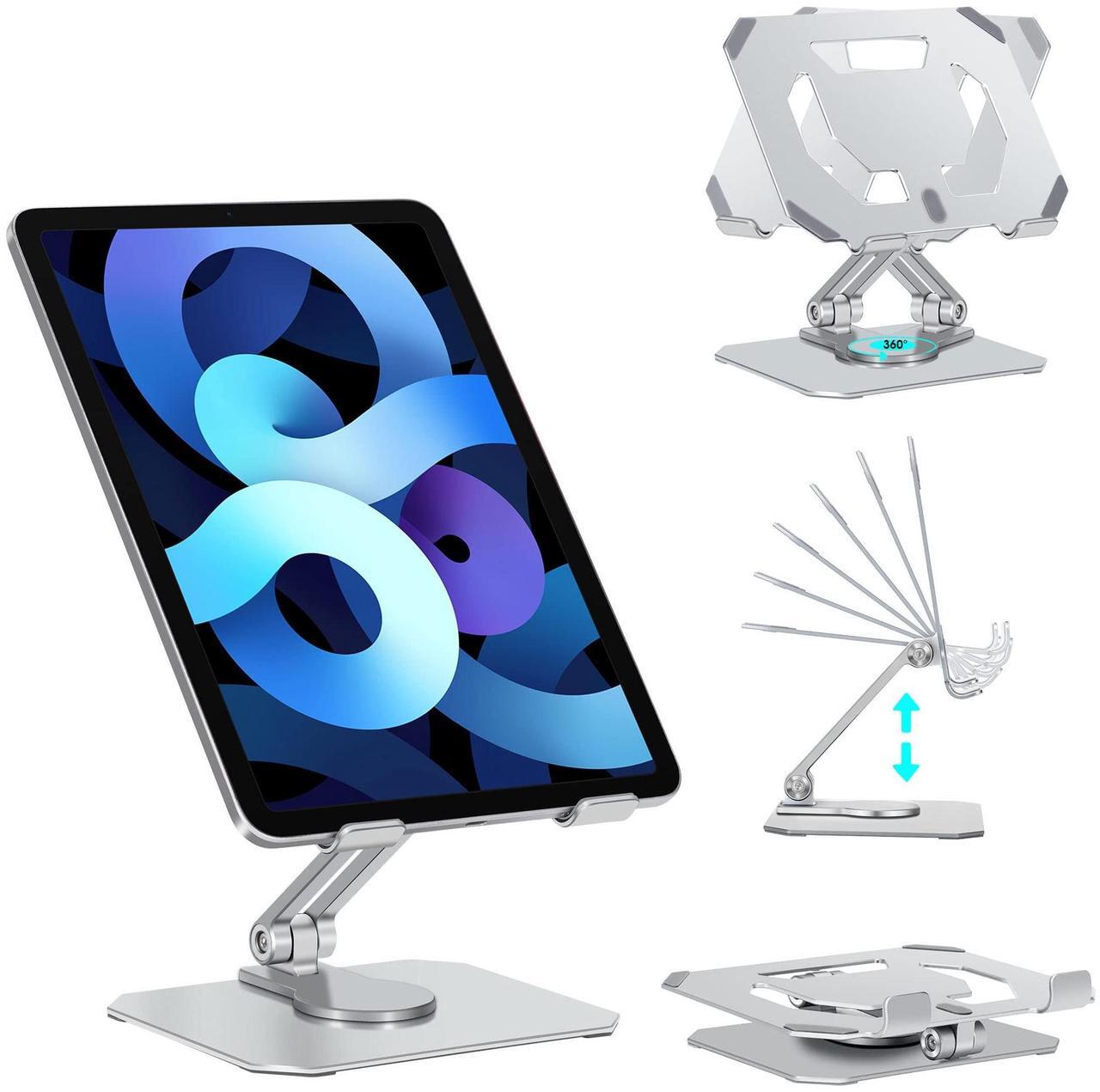 Main image of Arae Tablet Stand Holder for Desk, 360degRotating Adjustable Aluminum Portable Stand Holder Desktop Foldable Dock Heavy Duty Compatible with iPad 7/8/9/10th,iPad Air 6/5/4,iPad Pro 11/12.9,Siliver