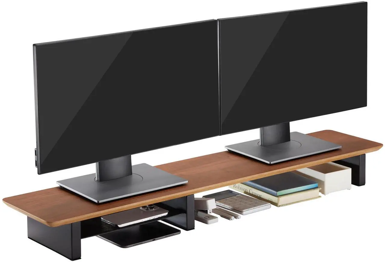 Alt view image 2 of 5 - XL Walnut Wood Monitor Stand for Desk (44 Inch) Large Monitor Stands for 2 Monitors, Desk Shelf for Top of Desk Walnut Monitor Shelf