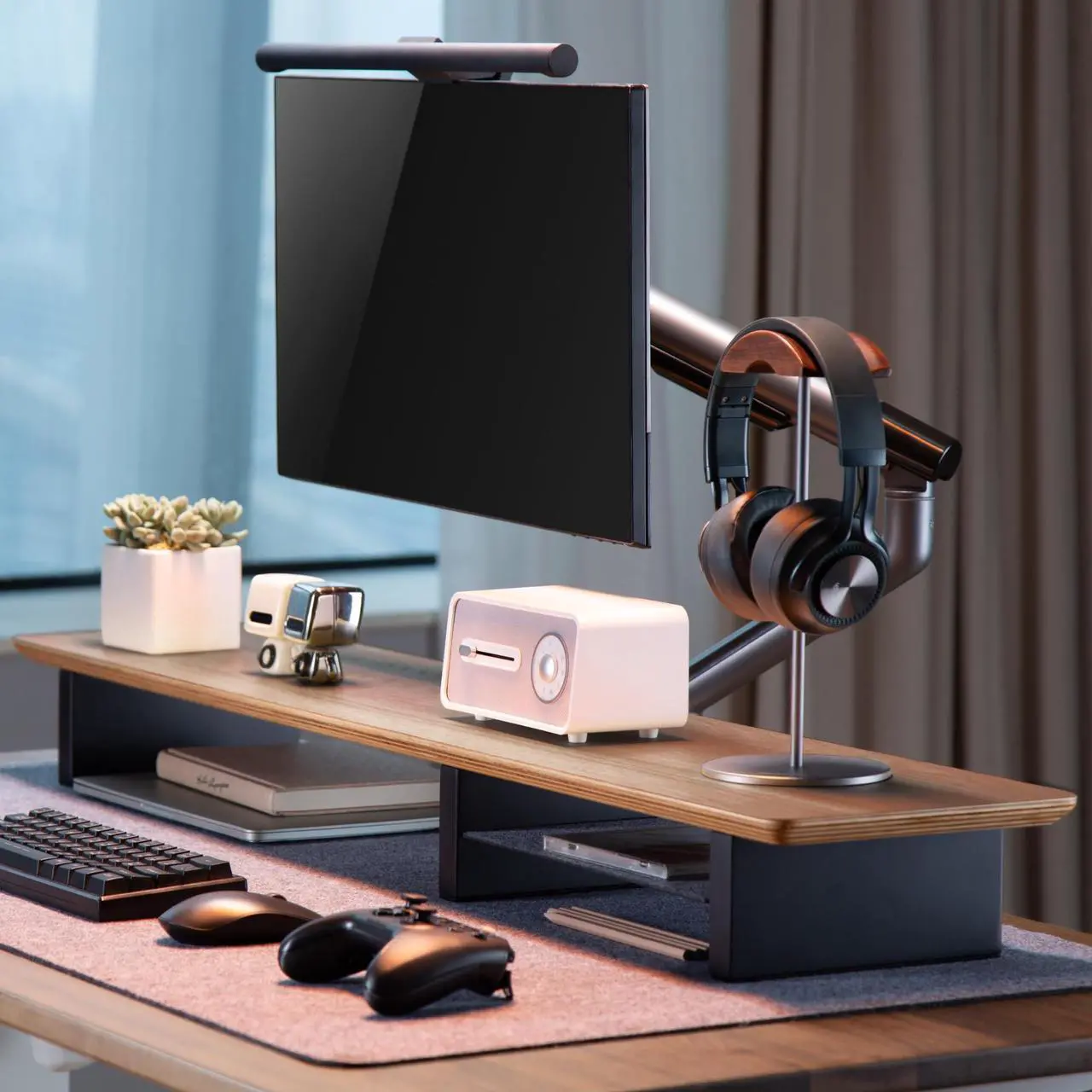 Main image of XL Walnut Wood Monitor Stand for Desk (44 Inch) Large Monitor Stands for 2 Monitors, Desk Shelf for Top of Desk Walnut Monitor Shelf