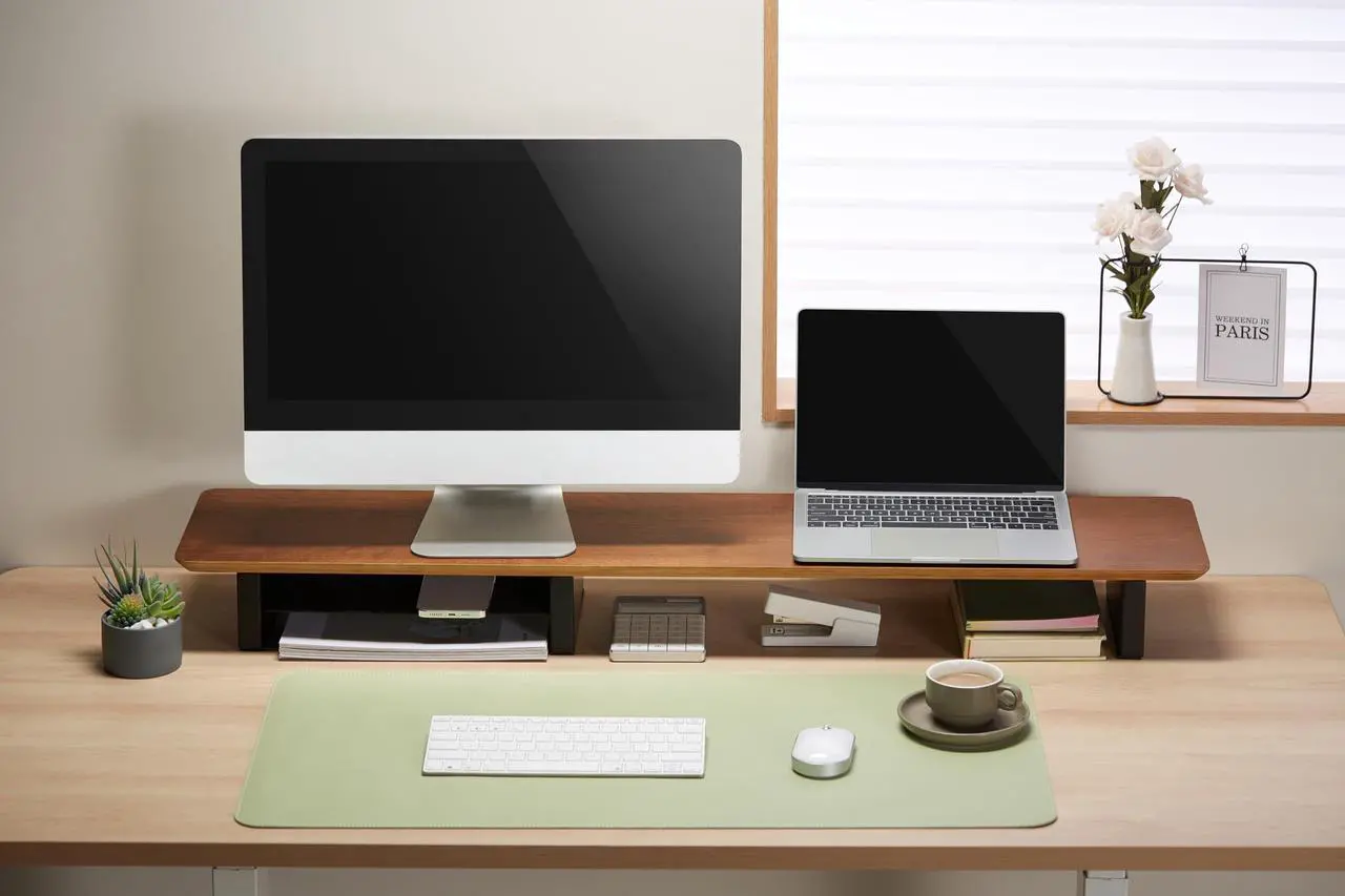 Alt view image 5 of 5 - XL Walnut Wood Monitor Stand for Desk (44 Inch) Large Monitor Stands for 2 Monitors, Desk Shelf for Top of Desk Walnut Monitor Shelf