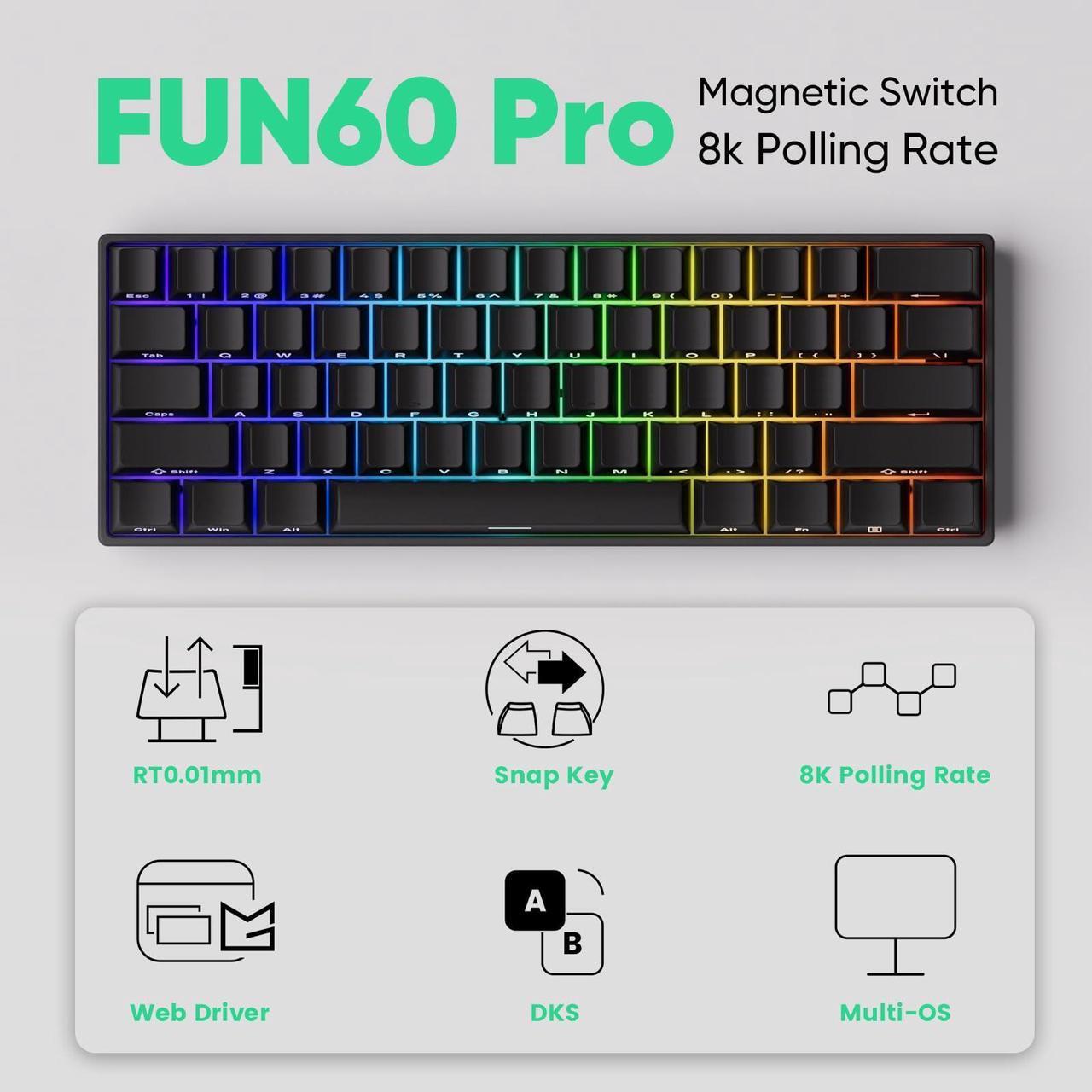 Alt view image 2 of 5 - MONSGEEK FUN60 Pro Rapid Trigger Gaming Keyboard 8k SP Magnetic Switch HE Keyboard Multi-Modes Wireless 60% Black Shine-Through (Glare Magnetic Switch)