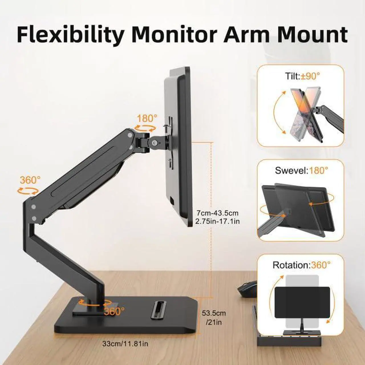 Alt view image 3 of 5 - suptek Single Monitor Mount Gas Spring Monitor Arm Desk Stand with Base,Free Standing Pneumatic Height Adjustable Monitor Stand for 17 to 32 inch Monitor,Holds up to 22 lbs,Black(ML8)