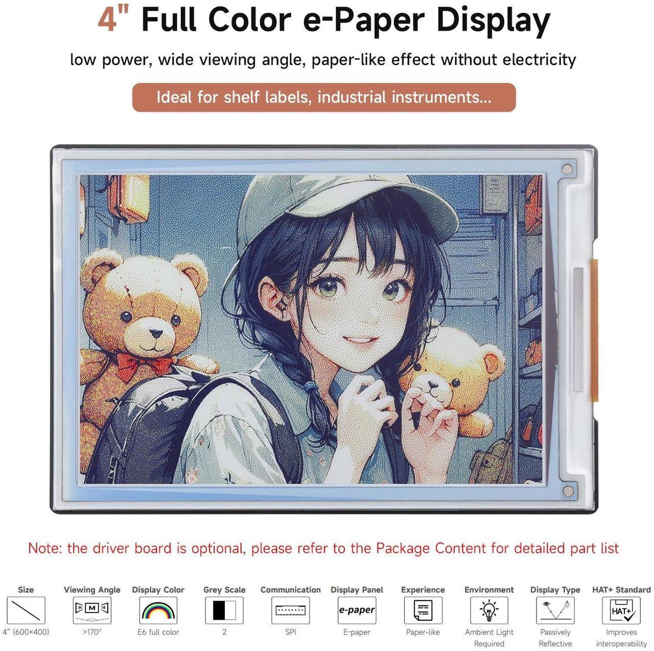 Alt view image 3 of 5 - Waveshare 4inch E Ink Spectra 6 (E6) Full Color E-Paper Display, Compatible with Raspberry Pi 5/4B/3B/Zero/Zero W/Zero 2W/Pico/Pico W/Pico WH, Jetson Nano and RDK X3, Without Driver Board