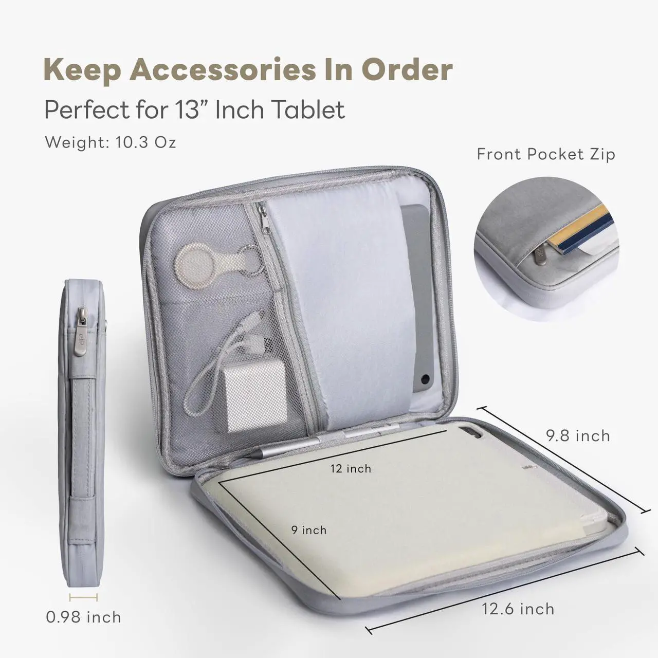 Alt view image 2 of 5 - EIP 13 inch Waterproof Slim Tablet Carring Case, Handle Sleeve bag for iPad Pro M4 13 Inch, iPad Air 13 Inch, iPad Pro 12.9", MacBook Air 13", Fit Keyboard and Pen, Grey