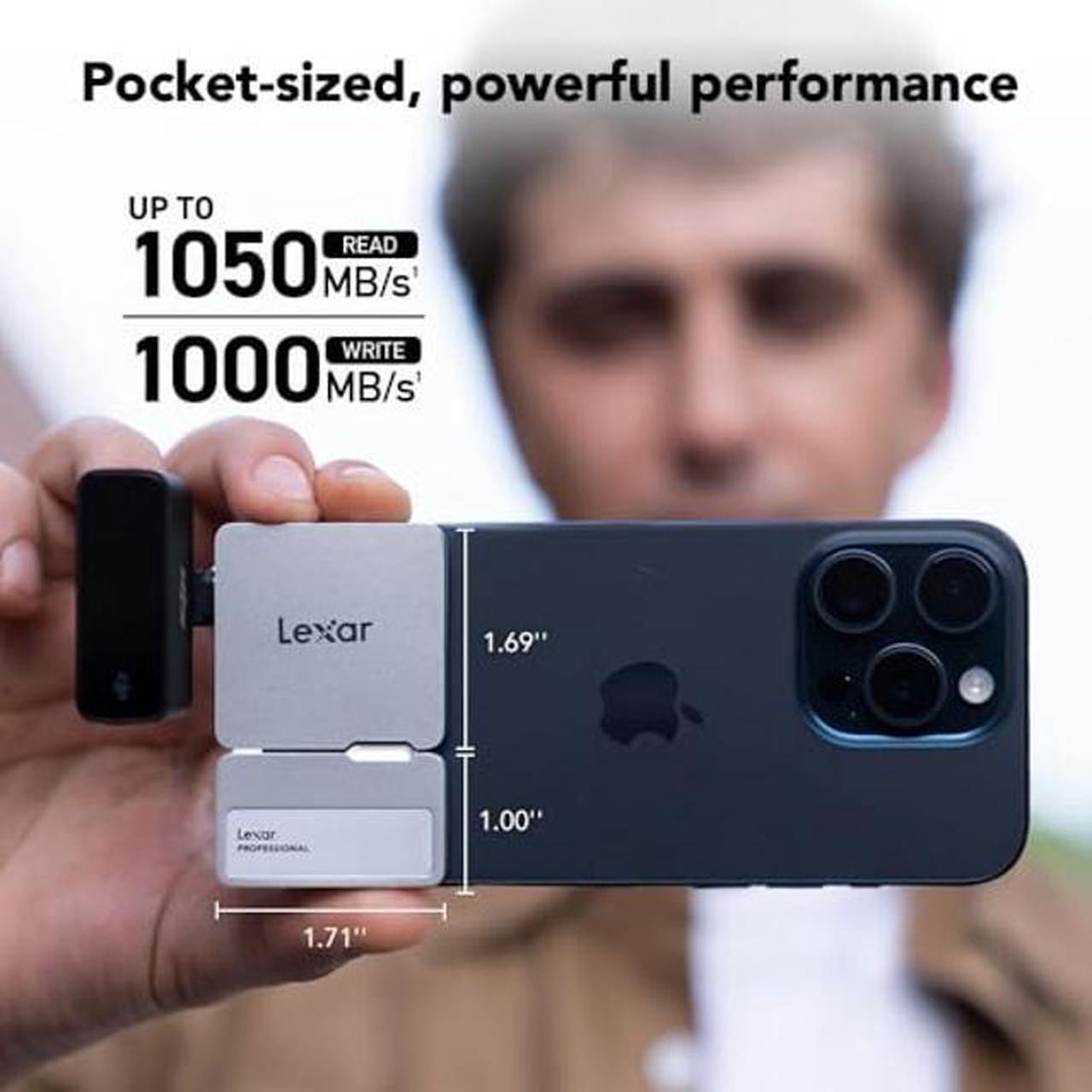Alt view image 2 of 5 - Lexar 1TB Professional Go Portable SSD w/Hub, Supports Apple 4K 60fps ProRes, Up to 1050MB/s, USB 3.2 Gen 2, Rugged, IP65, Ultracompact, Compatible w/iPhone 15/16, External SSD (LSL400S001T-RNSNU)