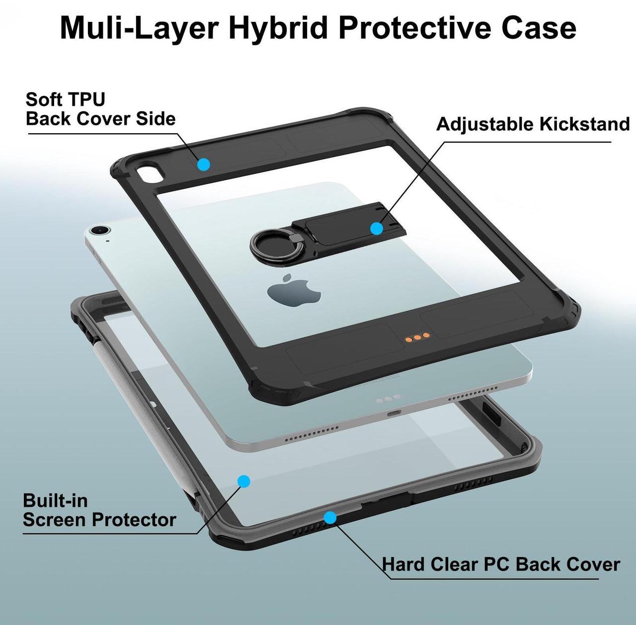 Alt view image 3 of 5 - ShallBox Case Waterproof for iPad Air 11inch(M2) 2024-2025, iPad Air 7th/6th/5th/4th Gen10.9inch(2025-2020), Built-in Screen Protector Pencil Holder Kickstand, Fit with Magic Keyboard, Black-Gray