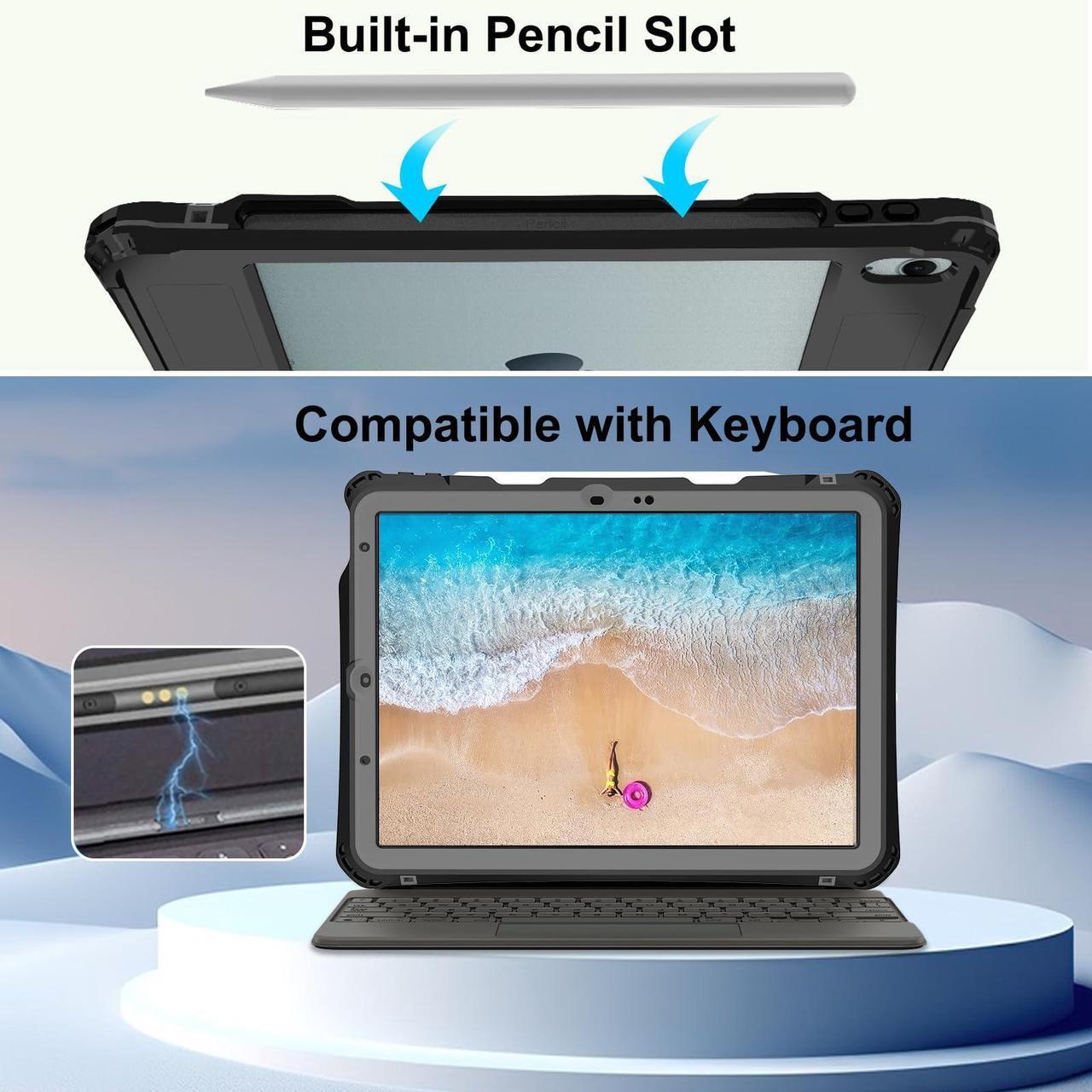 Alt view image 4 of 5 - ShallBox Case Waterproof for iPad Air 11inch(M2) 2024-2025, iPad Air 7th/6th/5th/4th Gen10.9inch(2025-2020), Built-in Screen Protector Pencil Holder Kickstand, Fit with Magic Keyboard, Black-Gray