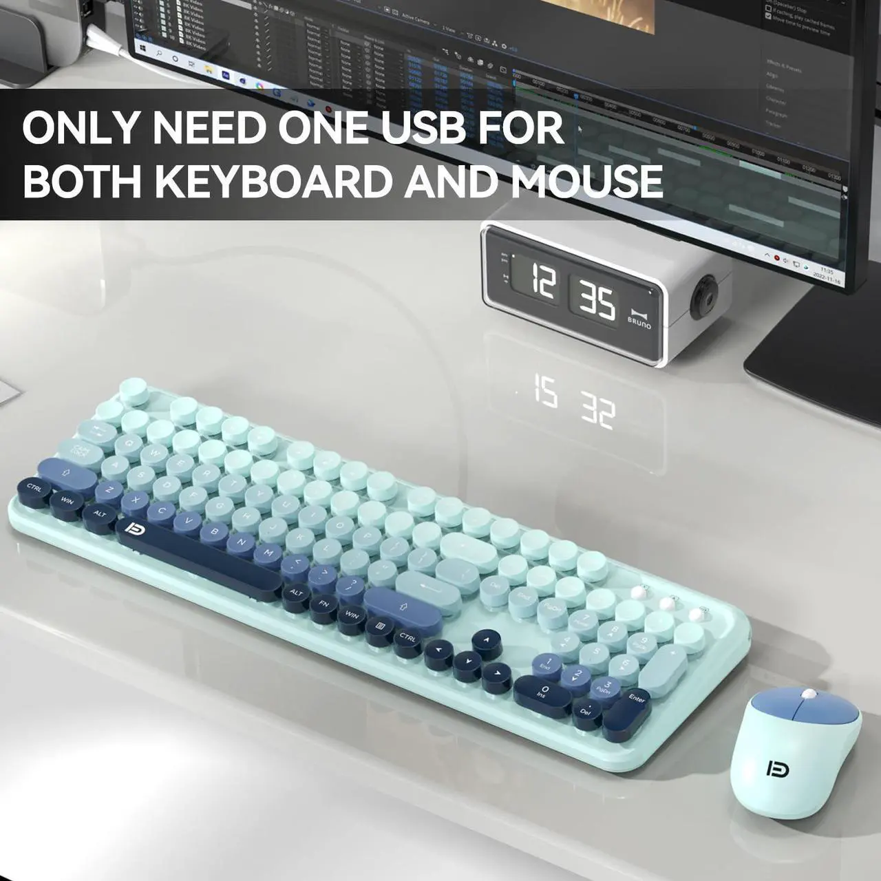 Alt view image 2 of 5 - Wireless Keyboard and Mouse Combo, 2.4GHz Colorful Typewriter Cute Full-Sized Round Keycaps Keyboard for Office Computer PC Desktops Laptop (104 Keys Indigo Blue)