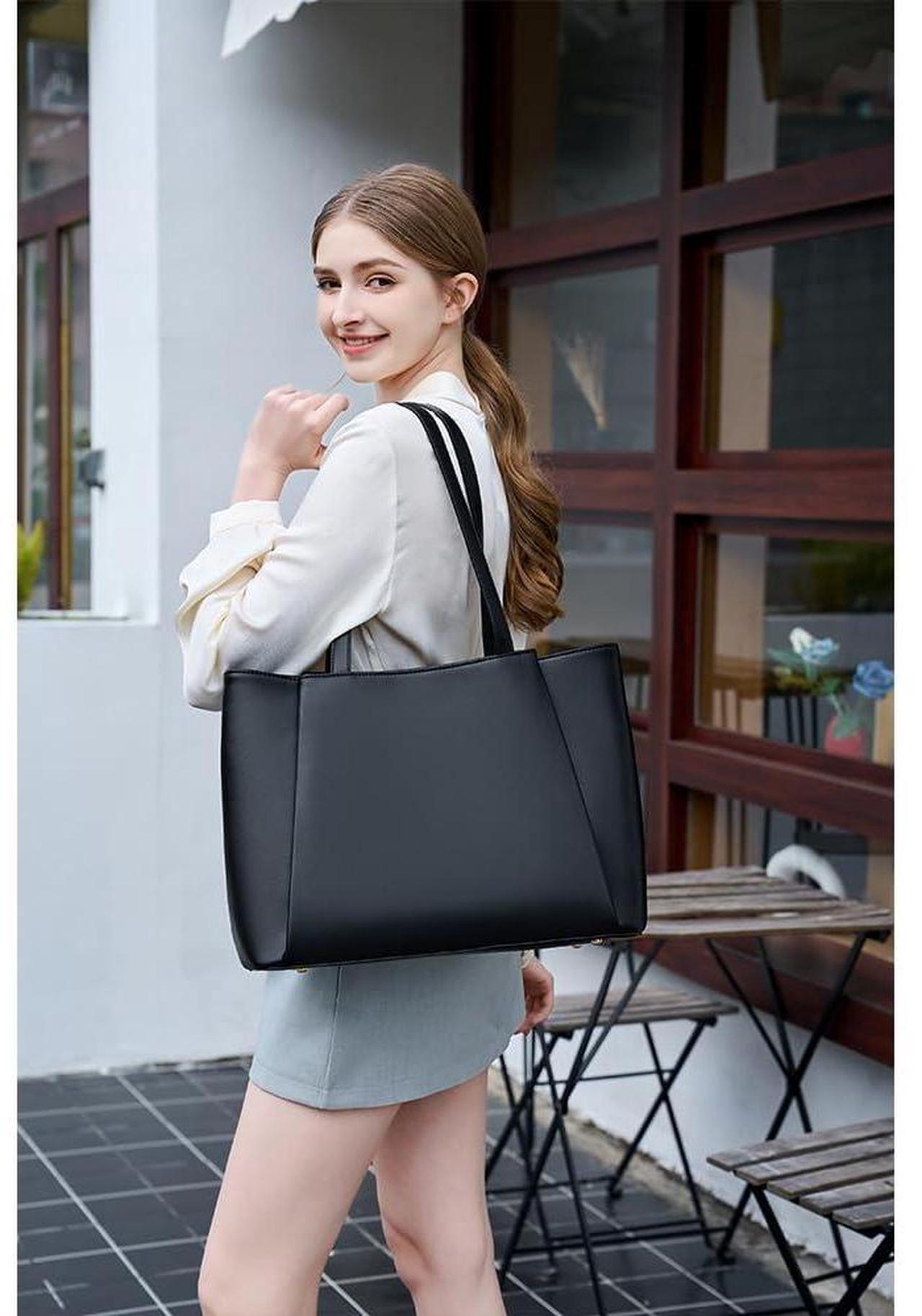 Alt view image 2 of 5 - CYHTWSDJ Laptop Tote Bag for Women 15.6 Inch Work Bag Waterproof Leather Laptop Bag with Clutch, Large Capacity Office Purse Computer Briefcase Durable Shoulder Bag for Casual Business Travel (Black)