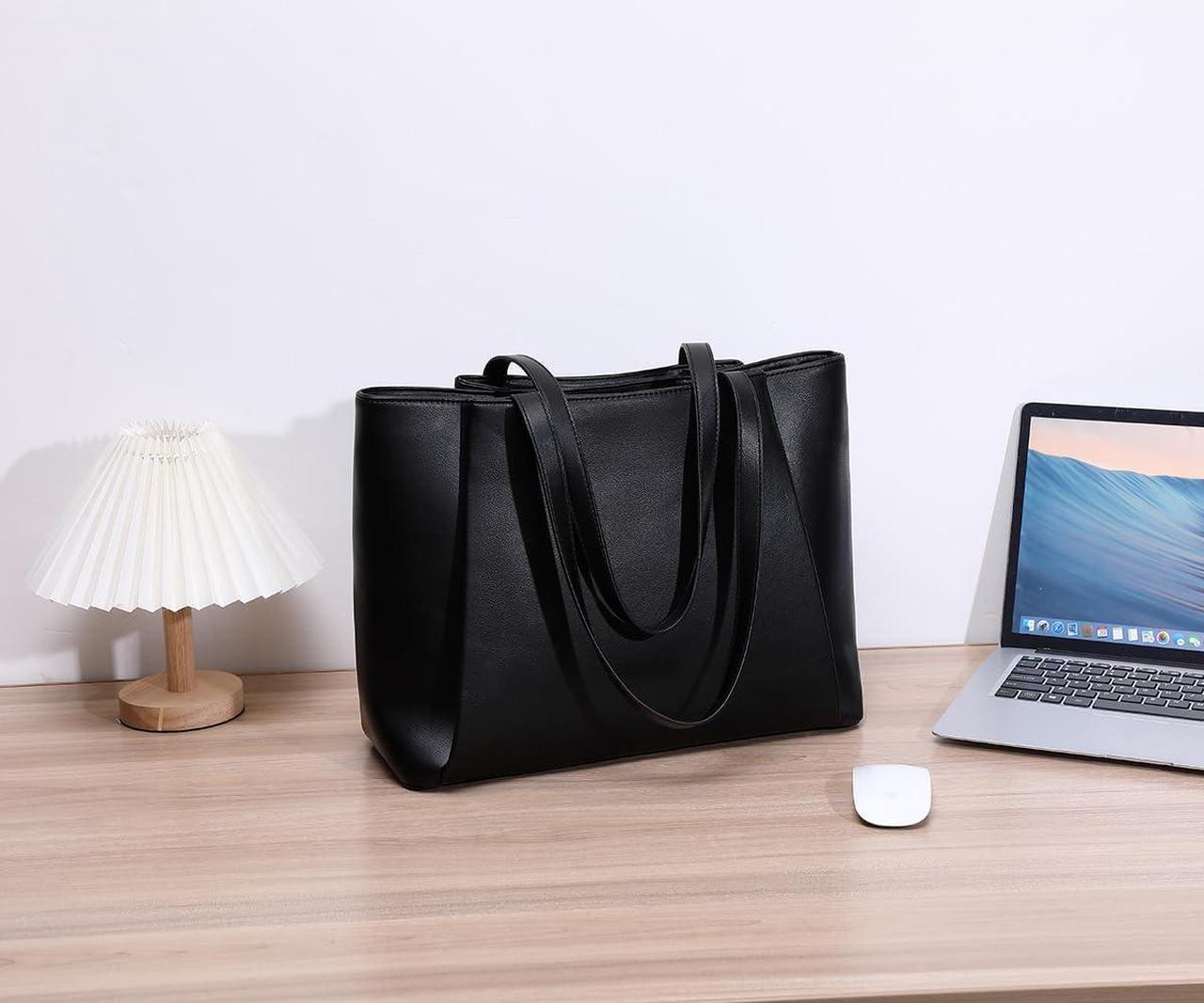 Alt view image 3 of 5 - CYHTWSDJ Laptop Tote Bag for Women 15.6 Inch Work Bag Waterproof Leather Laptop Bag with Clutch, Large Capacity Office Purse Computer Briefcase Durable Shoulder Bag for Casual Business Travel (Black)