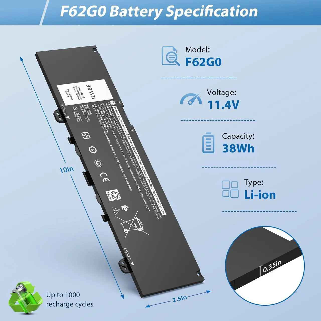 Alt view image 2 of 5 - New F62GO Battery for Dell Inspiron 13 Dell Inspiron 13 5370 7000 7370 7373 7380 7386 2-in-1 P83G P87G P91G P83G001 P83G002 P87G001 Vostro 13 5370 Series 039DY5 0F62G0 RPJC3 0RPJC3 F62GO 11.4V 38Wh