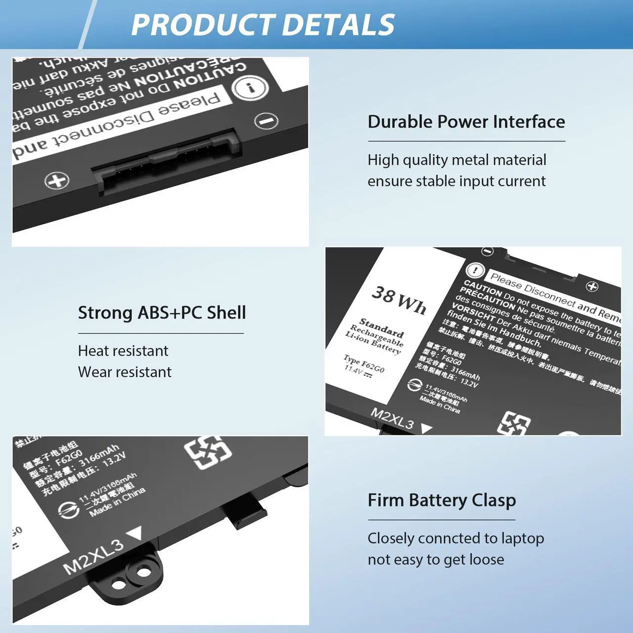 Alt view image 4 of 5 - New F62GO Battery for Dell Inspiron 13 Dell Inspiron 13 5370 7000 7370 7373 7380 7386 2-in-1 P83G P87G P91G P83G001 P83G002 P87G001 Vostro 13 5370 Series 039DY5 0F62G0 RPJC3 0RPJC3 F62GO 11.4V 38Wh