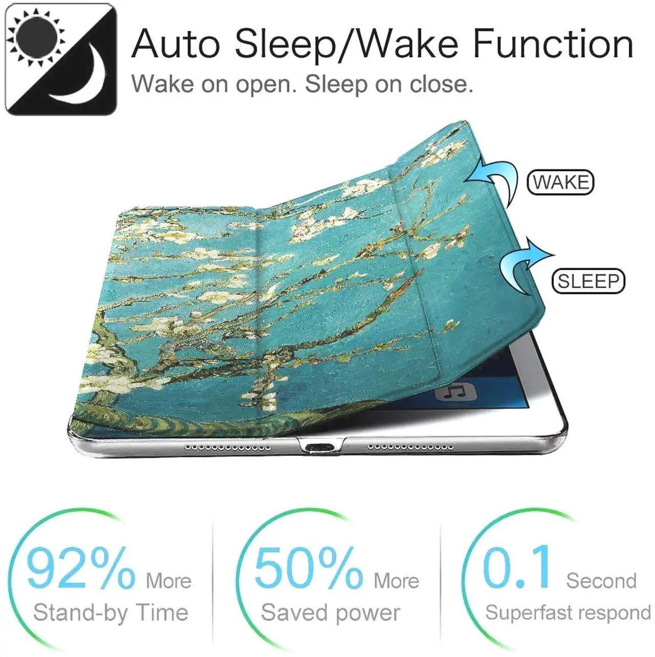 Alt view image 3 of 5 - DuraSafe Cases for iPad PRO 12.9 1 Gen 2015 [ iPad 12.9 Inch 1st ] A1652 A1584 Trifold Printed Hard Smart PC Transparent Back Cover - Almond Flower Bloom