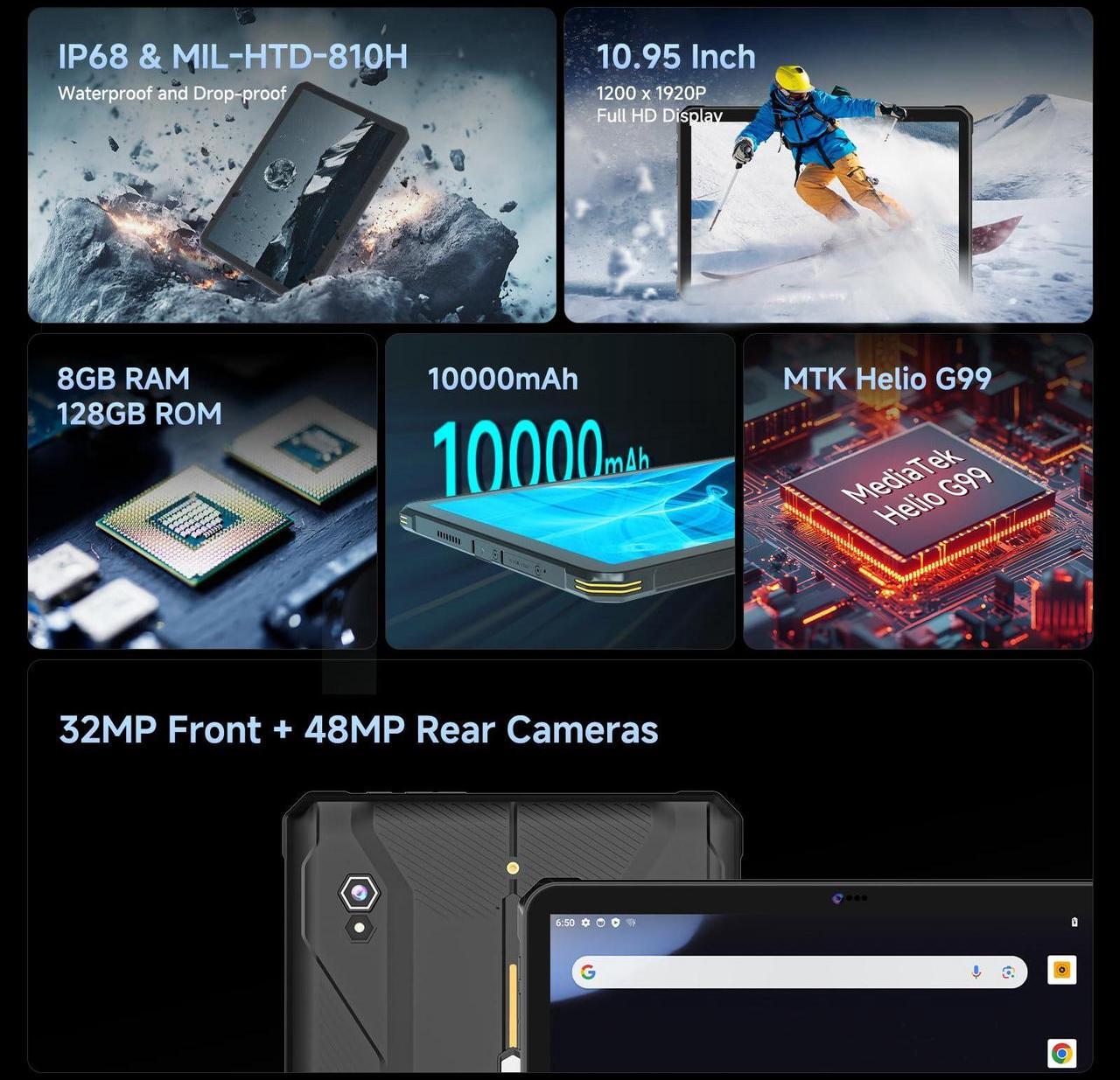Alt view image 2 of 5 - ONERugged 2025 Launched Rugged Tablet T1 Max, 10.95 inch Android 14 Tablets, 10000mAh 8GB+128GB (512GB TF) Outdoor Industrial PC, 48MP+32MP Octa-Core IP68 Waterproof Computer, 4G Dual SIM/WiFi/GPS/OTG