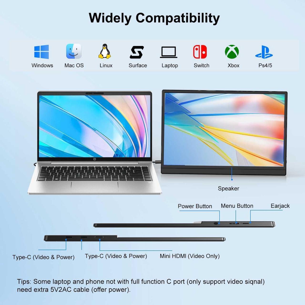 Alt view image 2 of 5 - FHH Portable Monitor for Laptop, 15.6'' 1080P FHD Laptop Screen Extender Dual Monitor- USB C HDMI Plug and Play Laptop Monitor Extender with Speaker Stand for Wins,Mac,Phone,Switch (D1-BLACK-15.6IN)