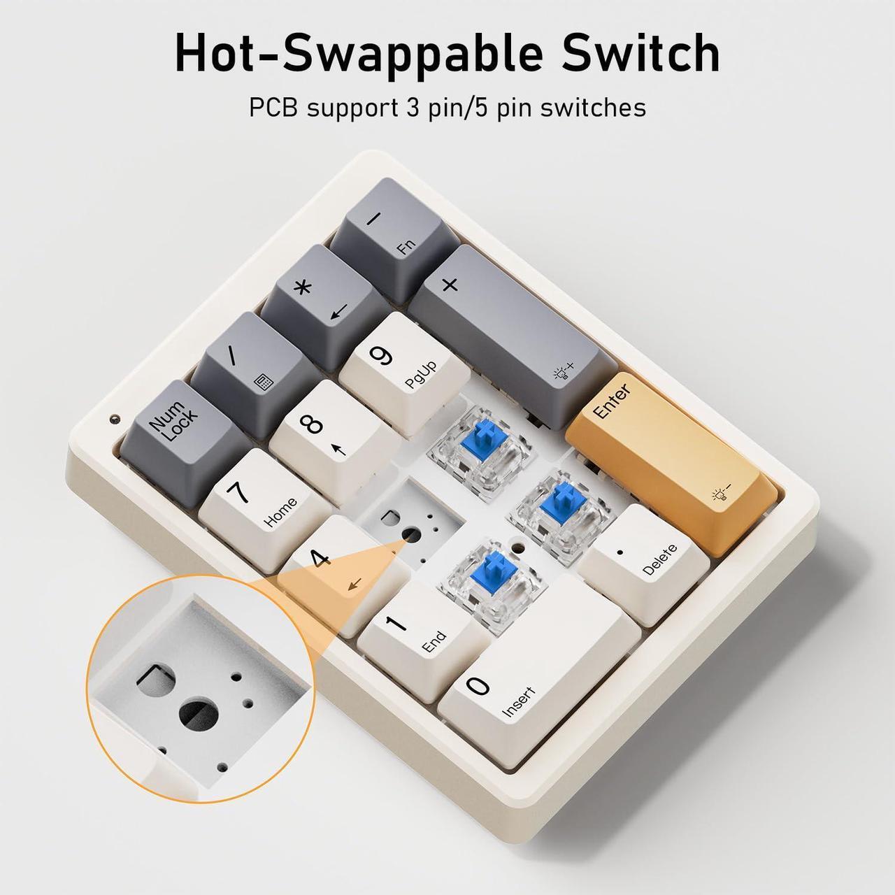 Alt view image 2 of 5 - Kisnt Mechanical Number Pad,Hot Swappable Numpad Wired USB 17 Keys Keypad White Backlit Numeric Keypad with PBT Keycaps for Laptop PC Compact Keyboards(Retro Beige, Blue Switch)