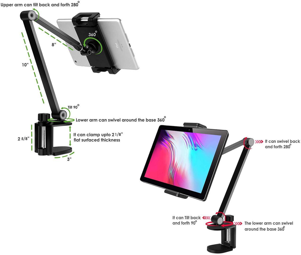 Alt view image 3 of 5 - Aluminum Long Arm Tablet Stand Mount Compatible with iPhone/iPad/iPad Mini/iPad Pro 12.9" Any Phone/Tablets 4-13 inch,360deg Swivel with Bracket Cradle for Home, Office,Kitchen and Bed-Black