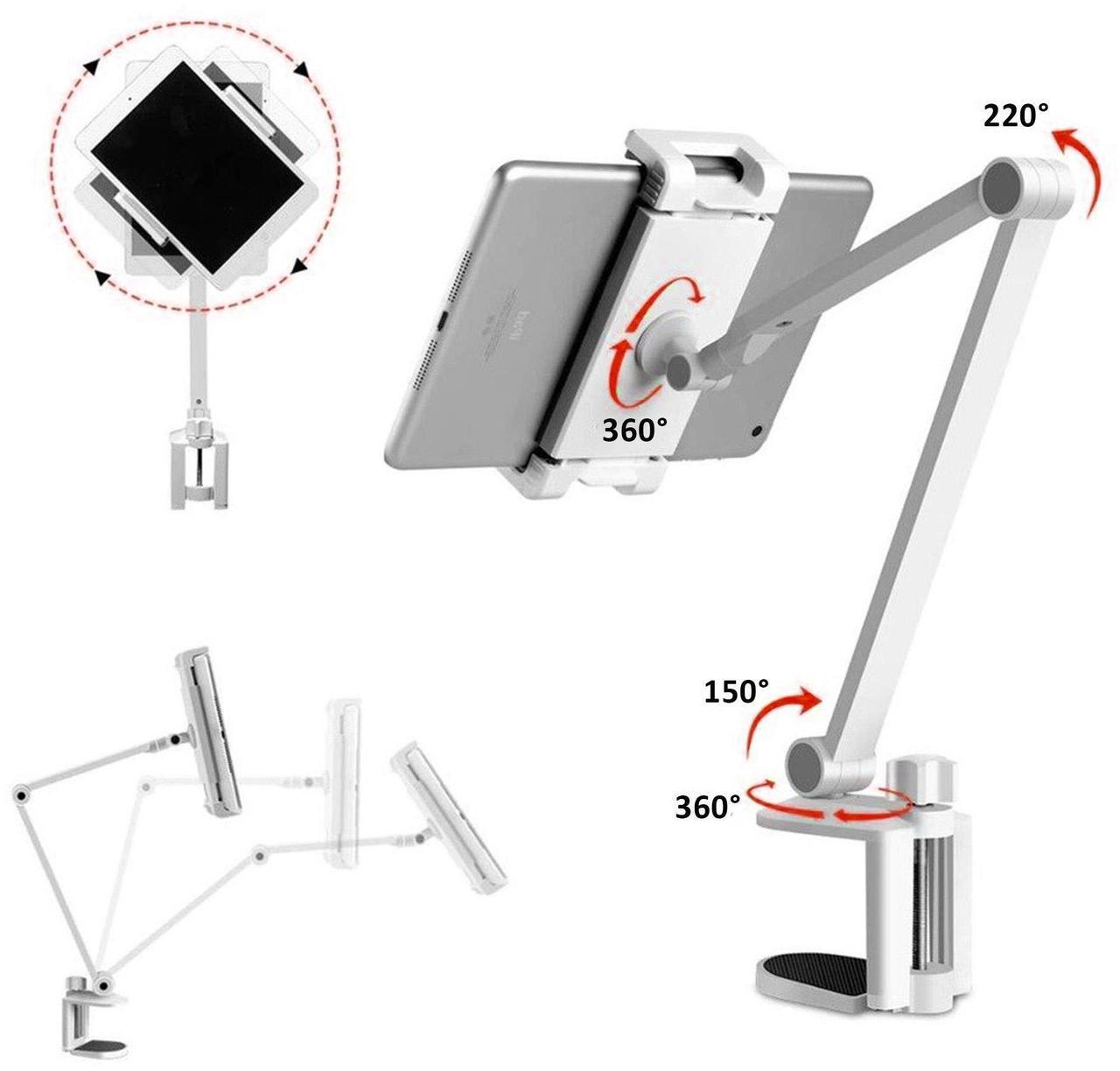Alt view image 4 of 5 - Aluminum Long Arm Tablet Stand Mount Compatible with iPhone/iPad/iPad Mini/iPad Pro 12.9" Any Phone/Tablets 4-13 inch,360deg Swivel with Bracket Cradle for Home, Office,Kitchen and Bed-Black