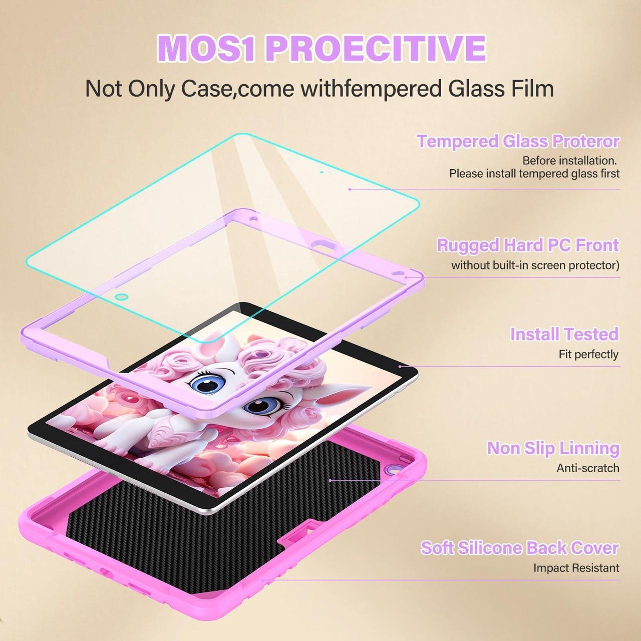 Alt view image 4 of 5 - TOMORRY for iPad 9th/8th/7th Generation Case 10.2" with Tempered Glass Screen Protector,Unicorn Stand & Pencil Holder Shoulder Strap,Shockproof for iPad 10.2 Case 2021/2020/2019 Kids (Pink)