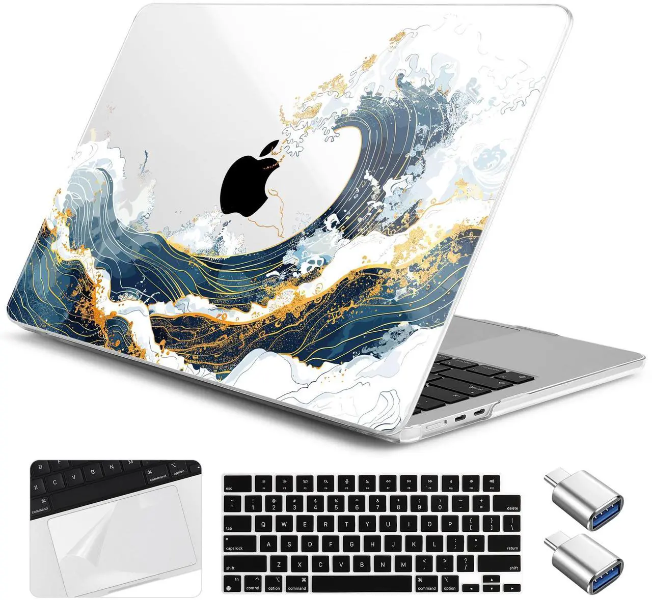 Main image of Yebiseven for M4 MacBook Air 15 inch Case 2025 2024 2023 Released A3241 A3114 M3 A2941 M2, Hard Shell Laptop Case with Keyboard Cover & Trackpad Film & 2 OTG Adapters, Wave Illustration