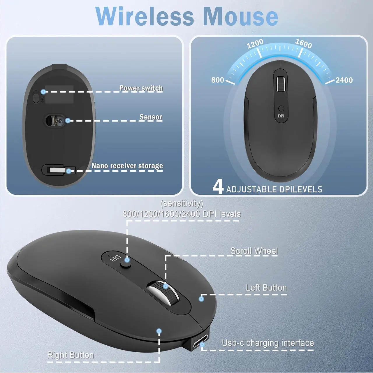 Alt view image 2 of 5 - Wireless Keyboard and Mouse Combo - 2.4GHz Wireless Connection - Ultra Slim - Silent Mouse, Compact Full Size Keyboard and Mouse Set- Adjustable 1600 DPI (Black)