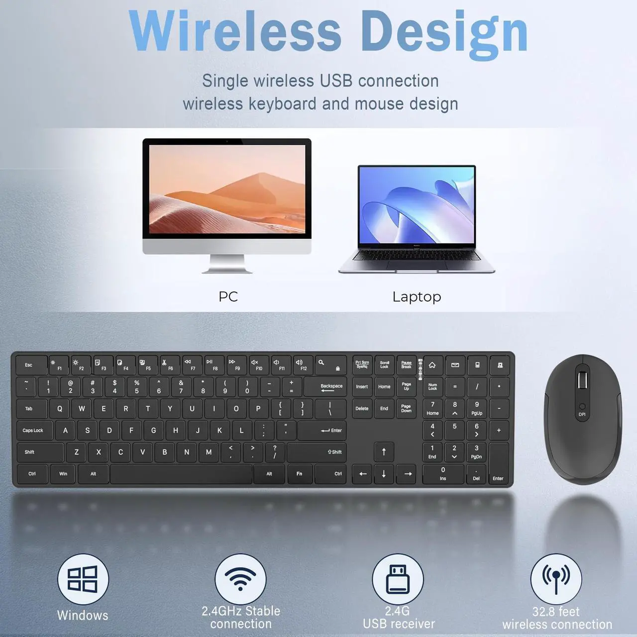 Alt view image 4 of 5 - Wireless Keyboard and Mouse Combo - 2.4GHz Wireless Connection - Ultra Slim - Silent Mouse, Compact Full Size Keyboard and Mouse Set- Adjustable 1600 DPI (Black)