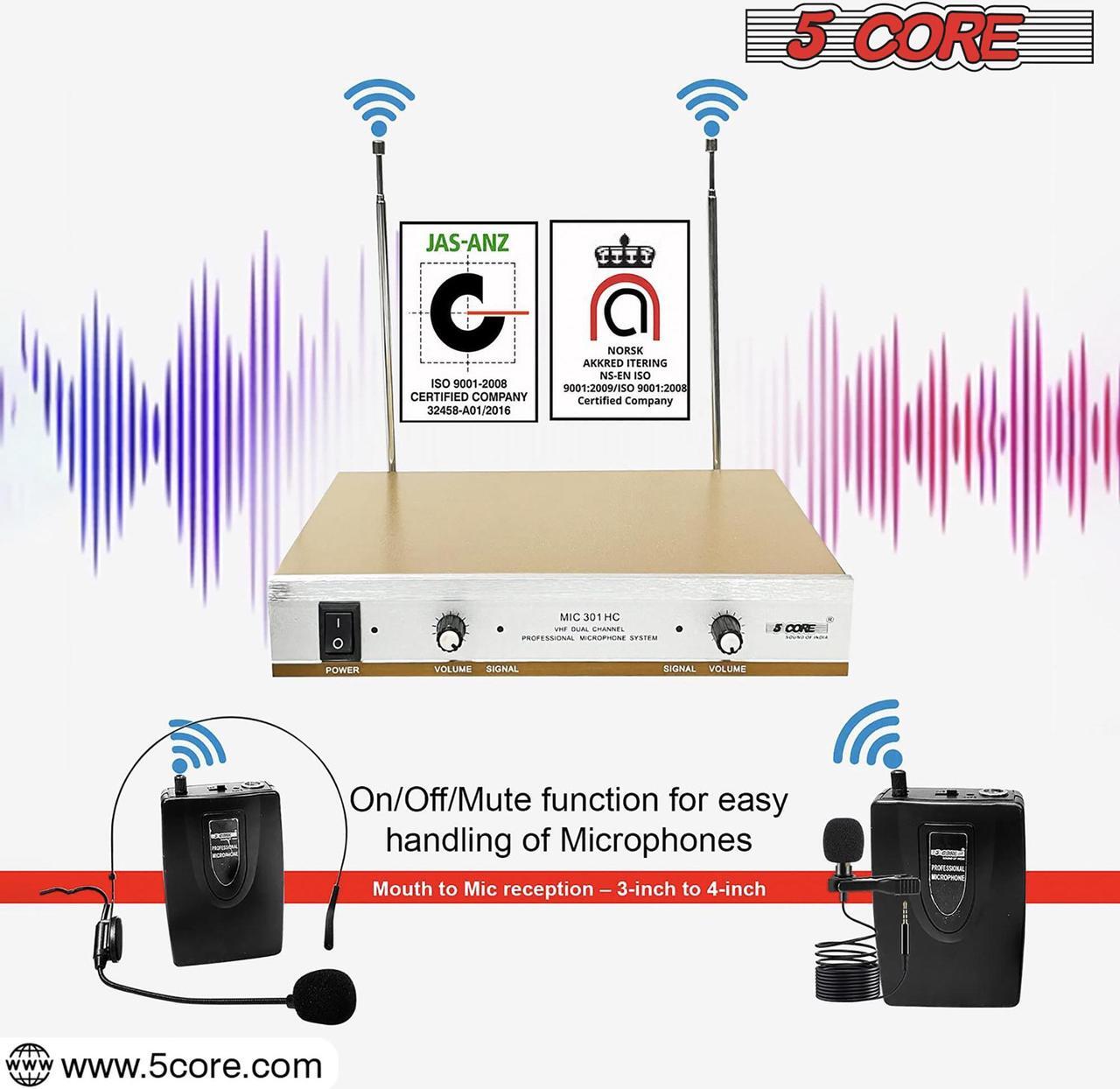 Alt view image 3 of 7 - 5Core VHF Dual Channel DIGITAL PRO Wireless Microphone System with Receiver WM 301 HC