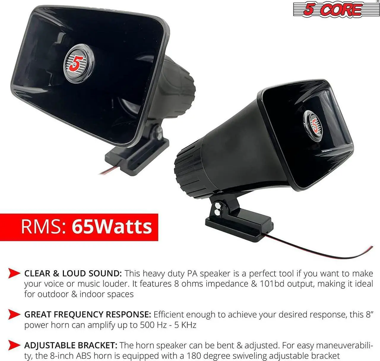 Alt view image 2 of 7 - 5 Core Outdoor Indoor PA Horn Speaker Waterproof and Loud 8" Power Horn 65W Peak Power 180 Degree Swiveling Adjustable Bracket Easy to Use Driver Siren Speaker Black HW 508