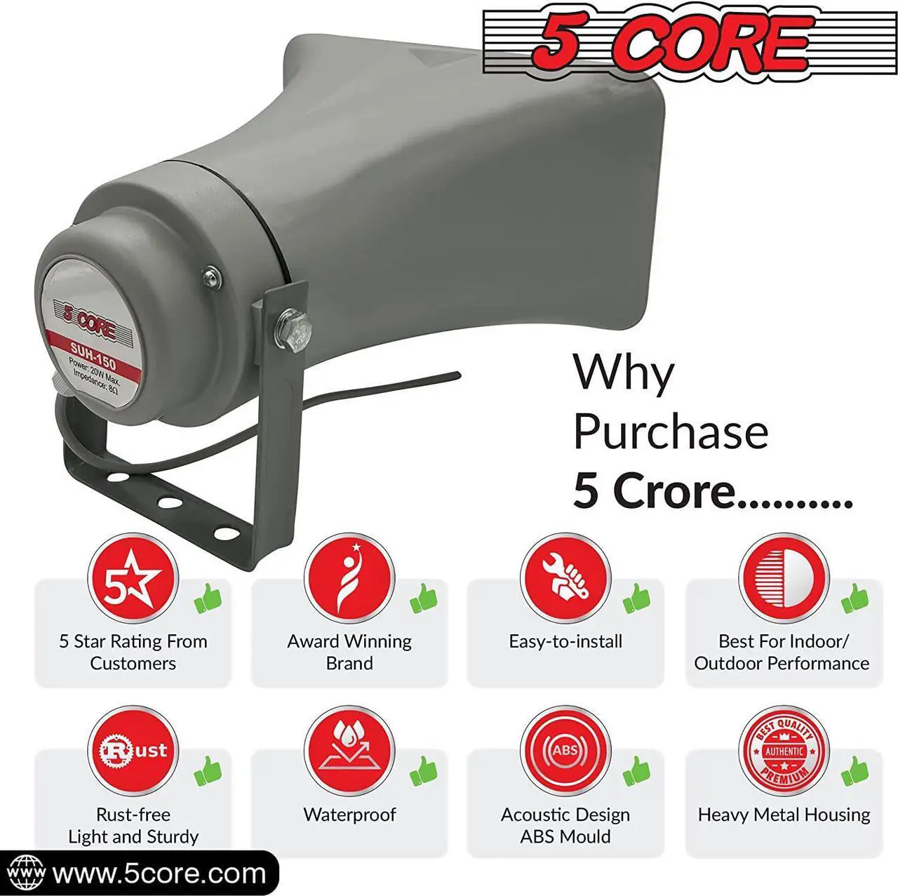 Alt view image 7 of 7 - 5 Core Indoor Outdoor 6" x 10" PA Horn Rectangular Speaker- 20 Watt Power Compact Loud Sound Megaphone Driver Horns w/ 400Hz-5KHz Frequency; 8 Ohm Waterproof Vehicle SIREN - (Gray) Grey SUH-150 1Pc