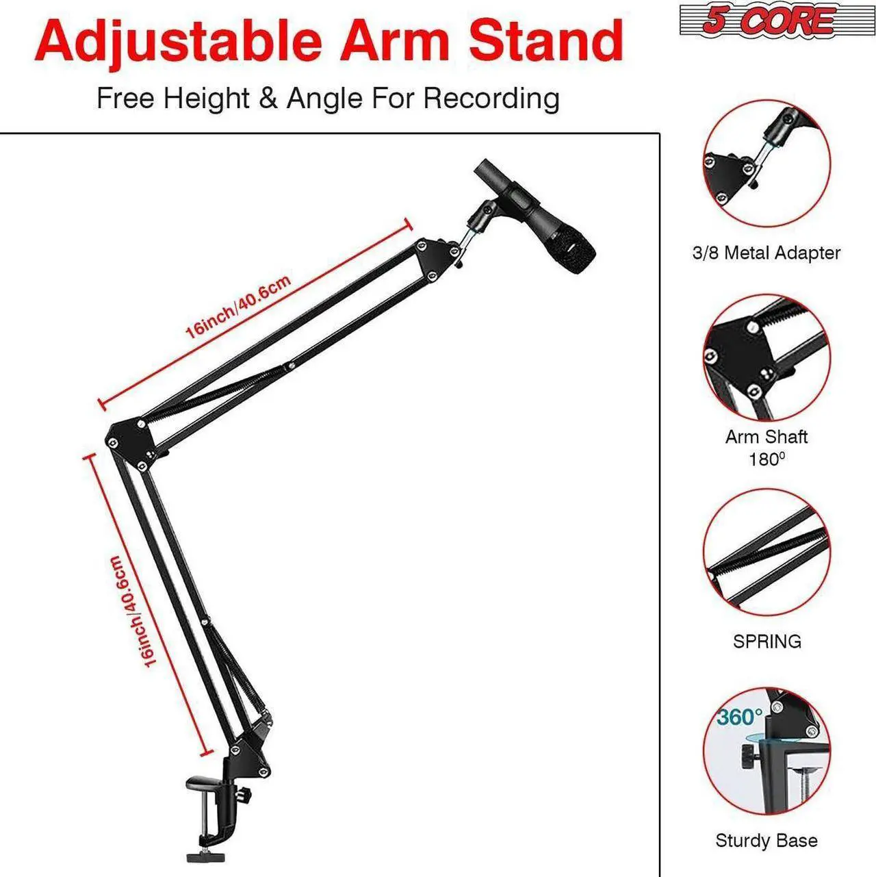 Alt view image 4 of 7 - 5 Core Professional Microphone Stand 16 inch with Pop Filter Heavy Duty Microphone Suspension Scissor Arm Stand and Windscreen Mask Shield; Shock Mount Holder ARM SET 16