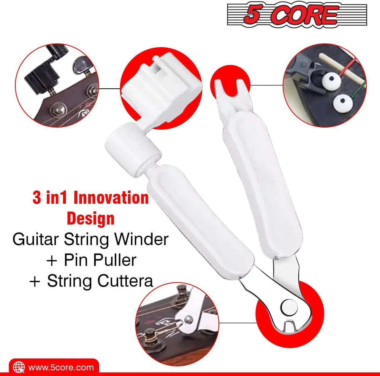Alt view image 5 of 7 - 5 Core Professional Guitar String Winder Cutter and Bridge Pin Puller;  Guitar Repair Tool Functional 3 in 1 GW 1PK WH