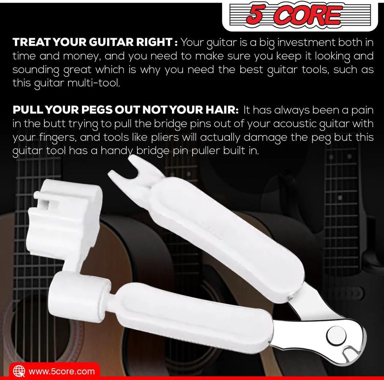 Alt view image 7 of 7 - 5 Core Professional Guitar String Winder Cutter and Bridge Pin Puller;  Guitar Repair Tool Functional 3 in 1 GW 1PK WH
