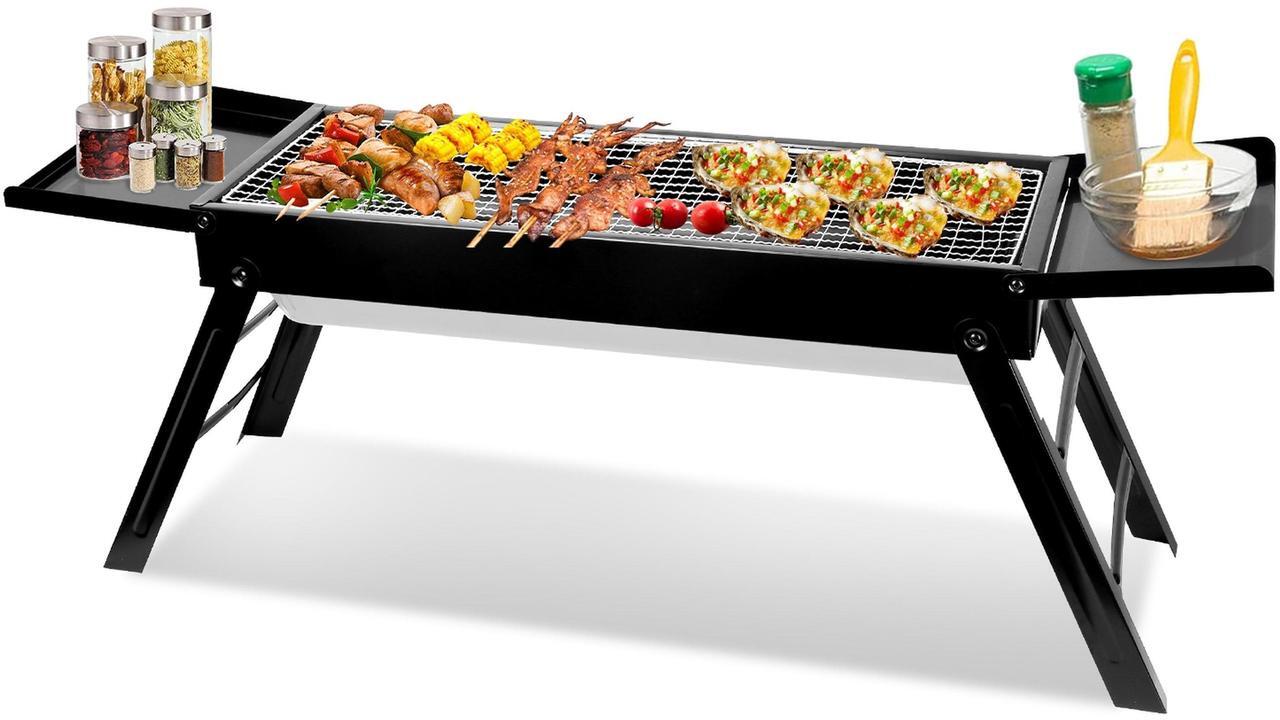 Main image of Foldable Charcoal BBQ Grill with Shelf Stainless Net Portable for Camping - Black - One size